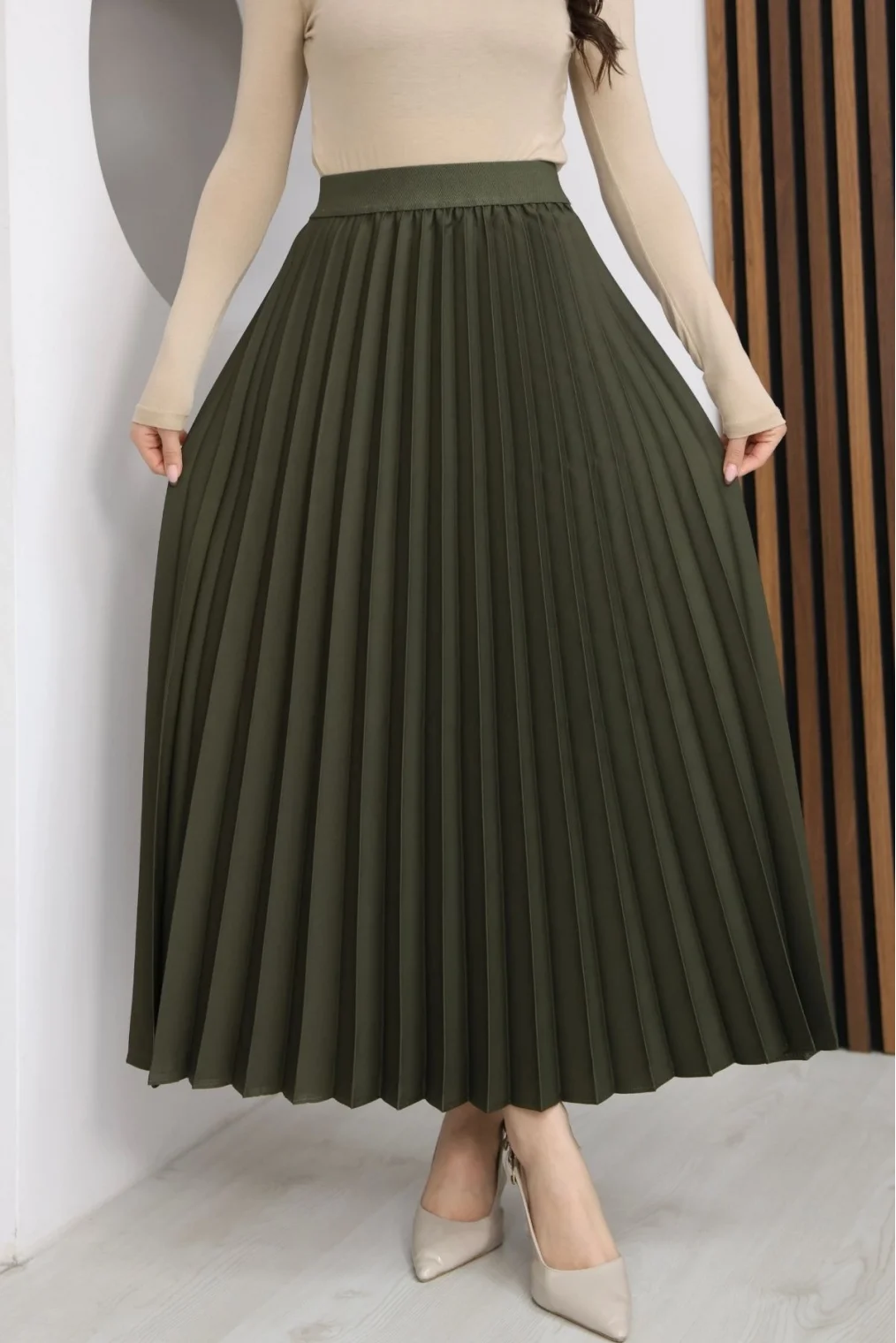 Beli Lastikli Piliseli Etek 6017-Haki