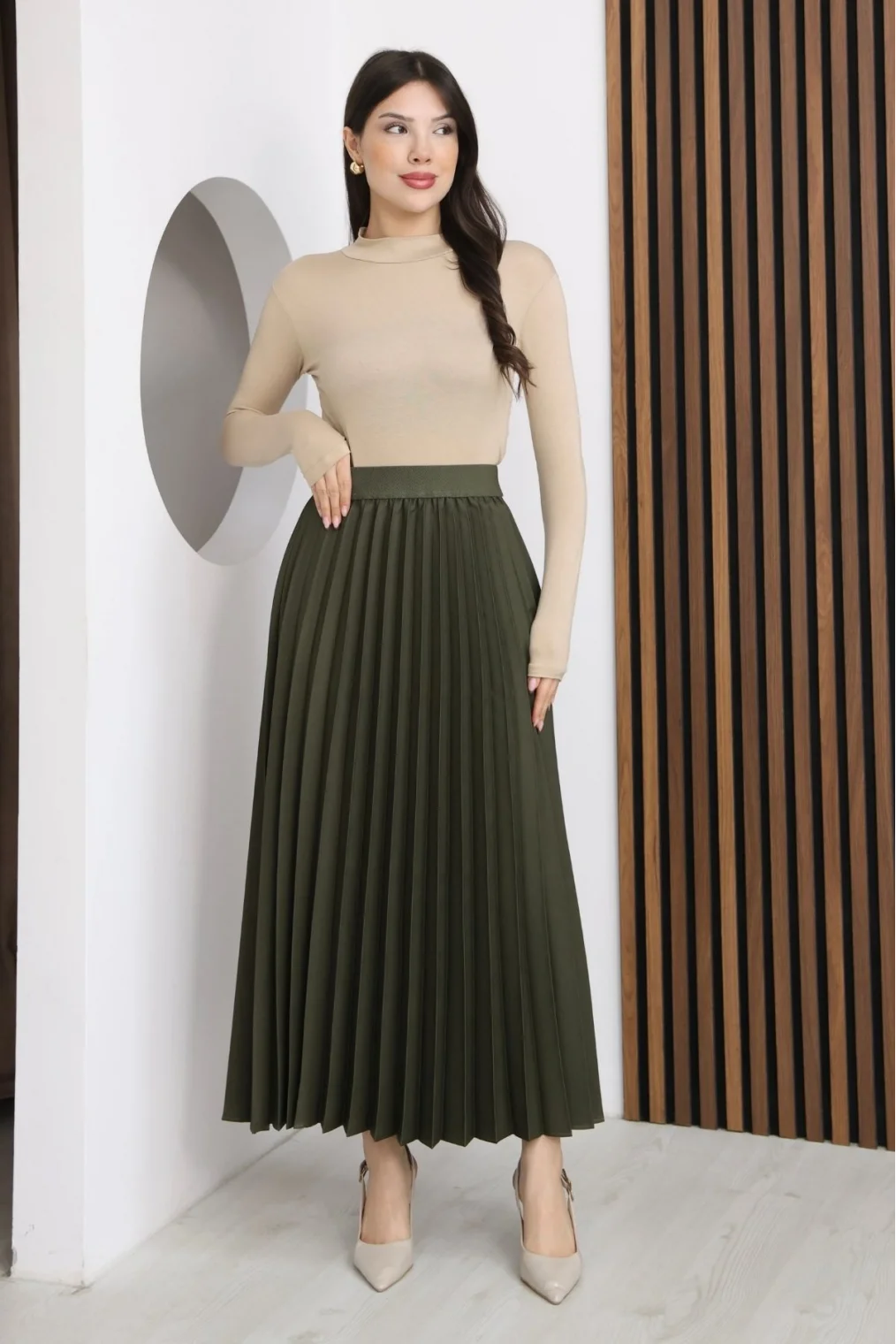 Beli Lastikli Piliseli Etek 6017-Haki