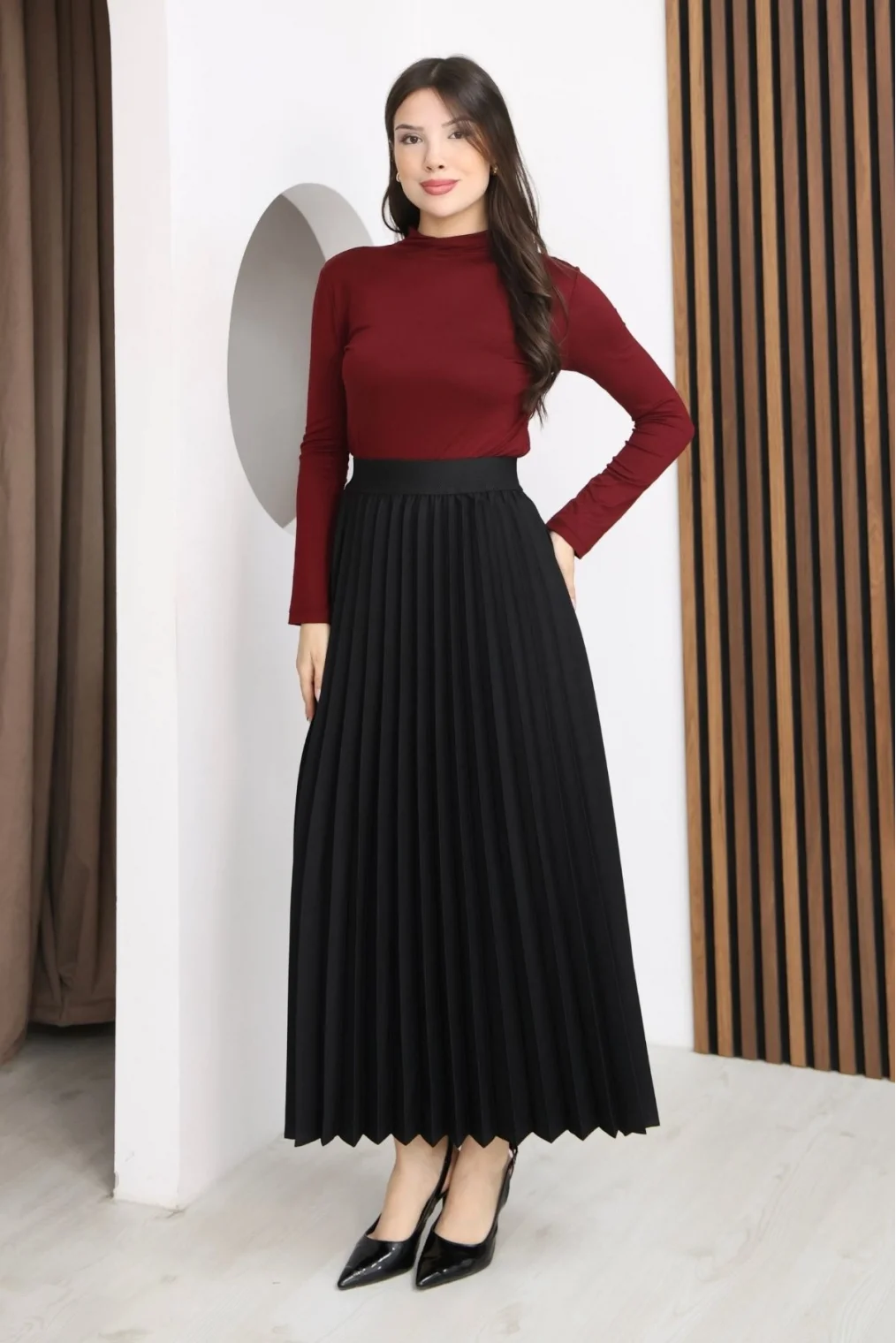 Beli Lastikli Piliseli Etek 6017-Siyah