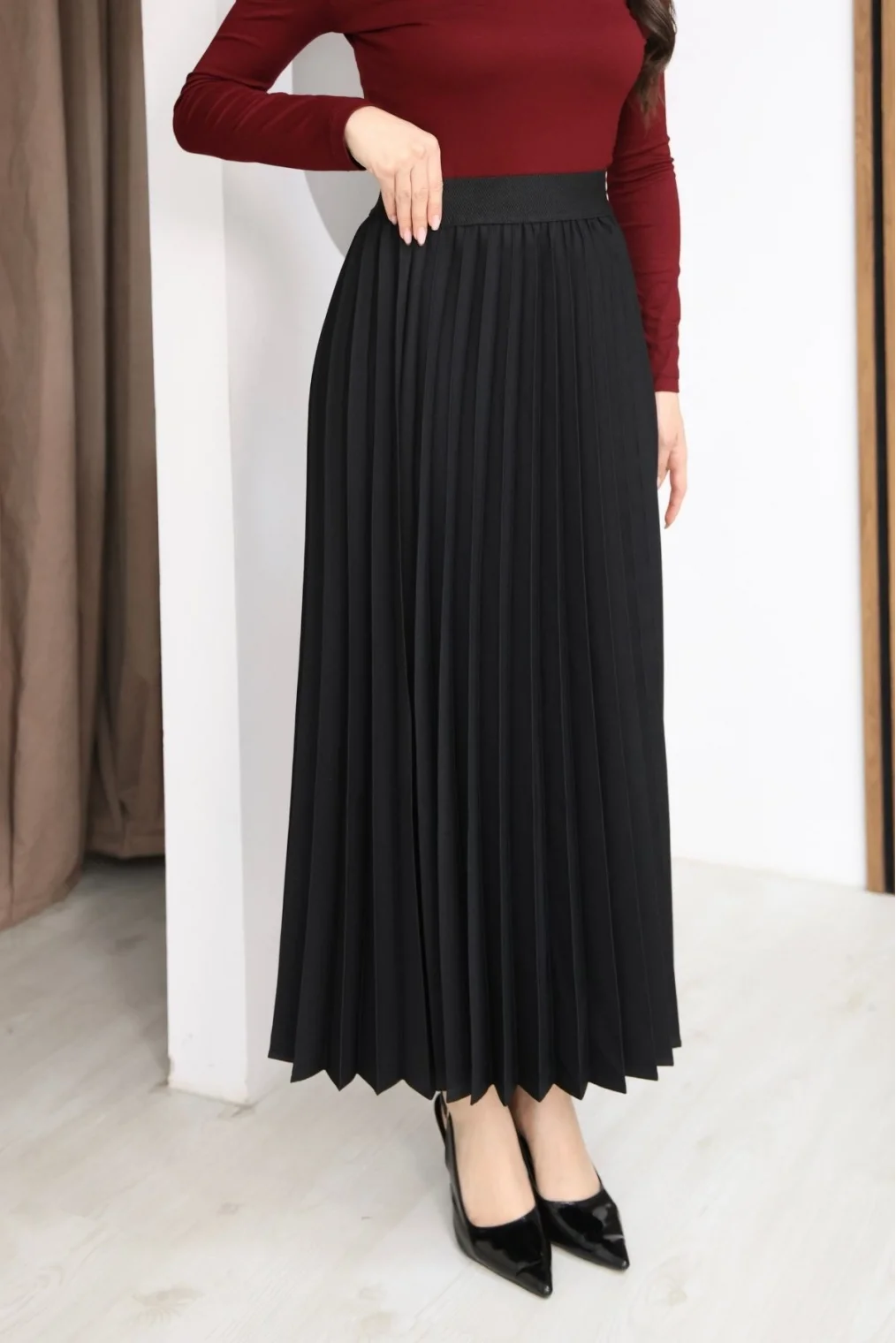 Beli Lastikli Piliseli Etek 6017-Siyah