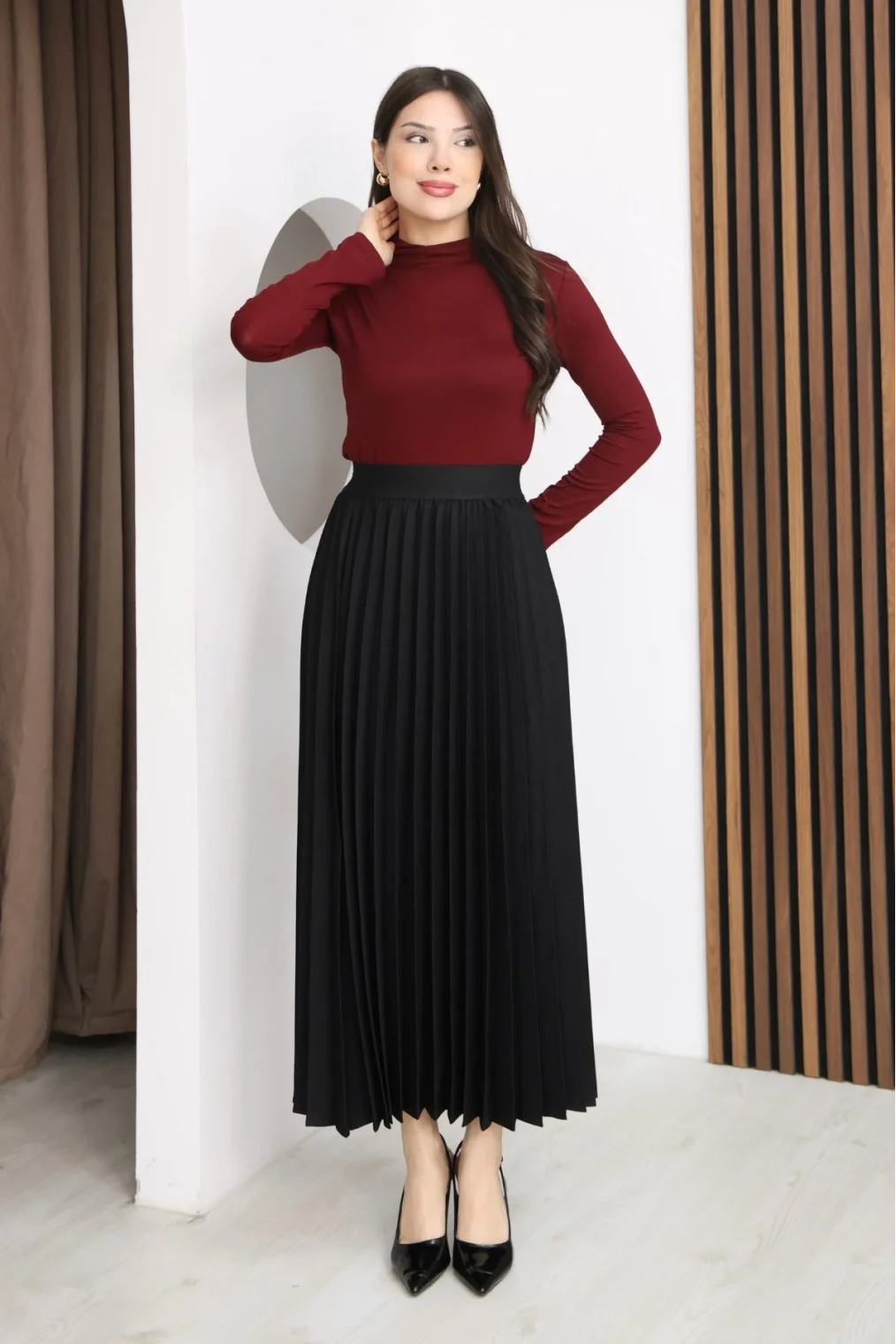 Beli Lastikli Piliseli Etek 6017-Siyah