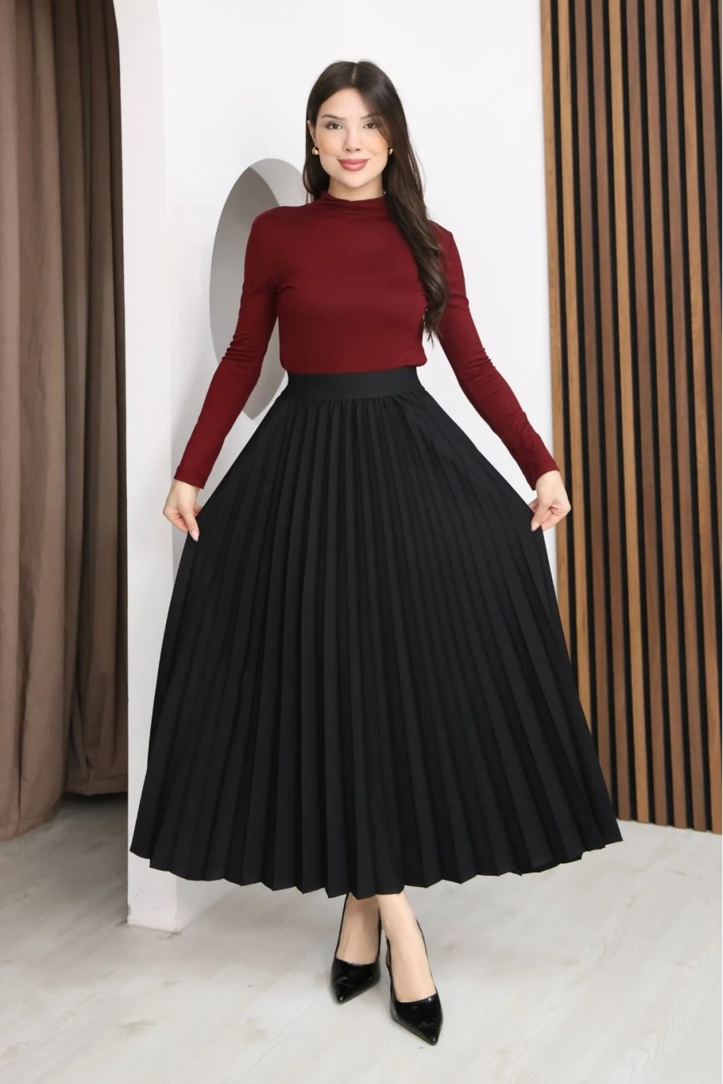 Beli Lastikli Piliseli Etek 6017-Siyah