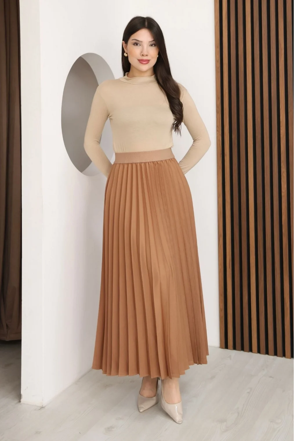 Beli Lastikli Piliseli Etek 6017-Taba