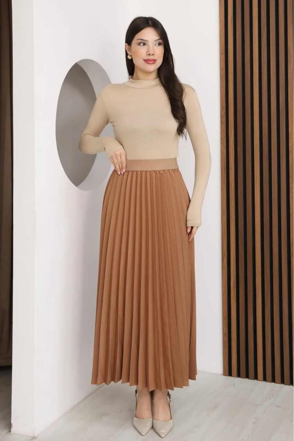 Beli Lastikli Piliseli Etek 6017-Taba