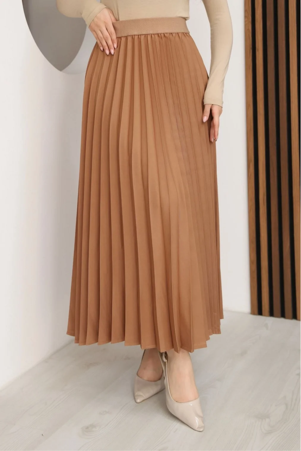 Beli Lastikli Piliseli Etek 6017-Taba