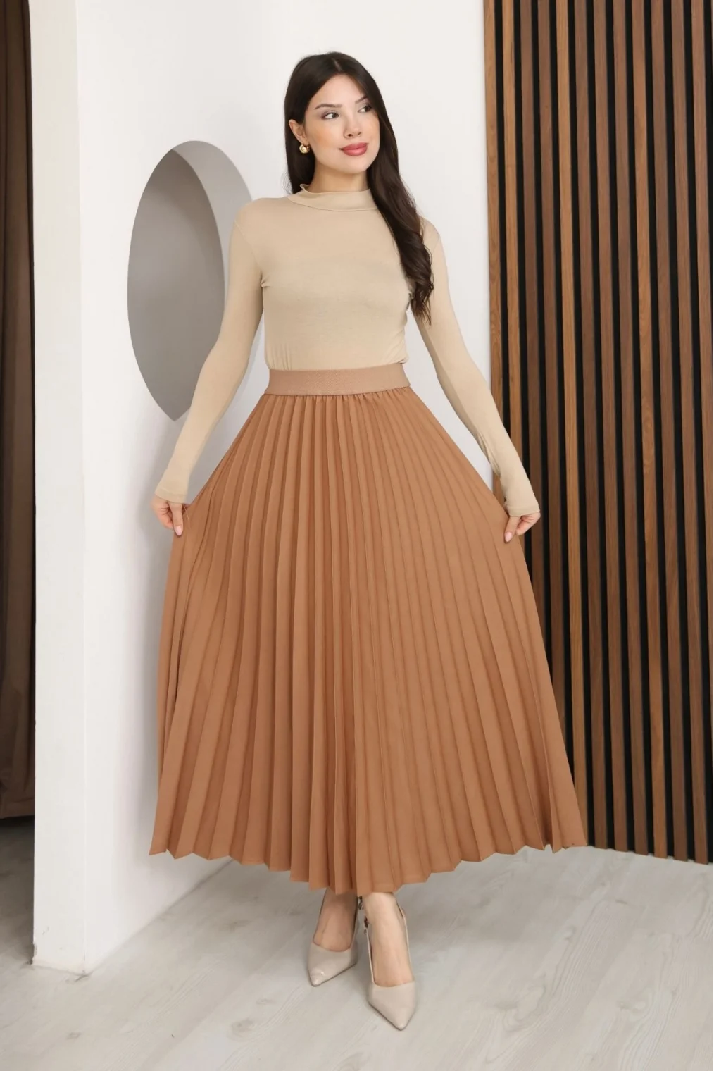 Beli Lastikli Piliseli Etek 6017-Taba