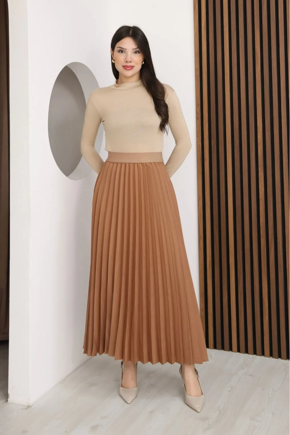 Beli Lastikli Piliseli Etek 6017-Taba