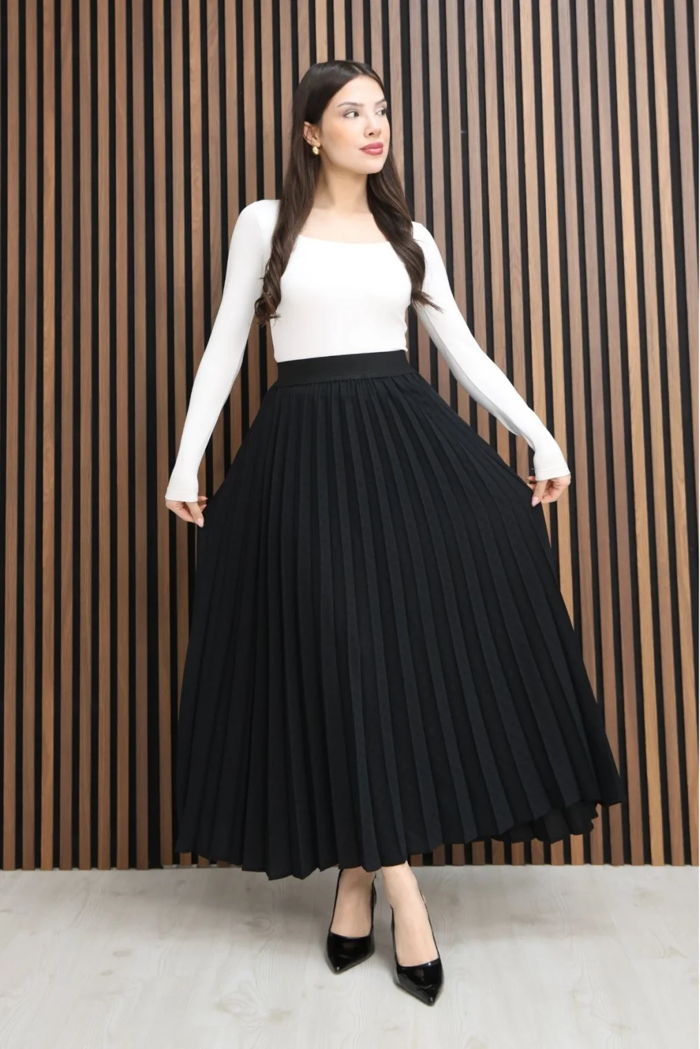 Beli Lastikli Piliseli Etek 6018E-Siyah