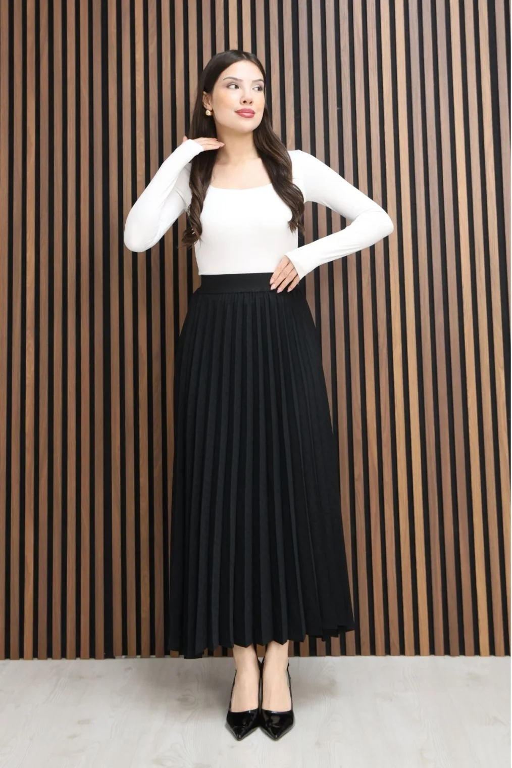 Beli Lastikli Piliseli Etek 6018E-Siyah