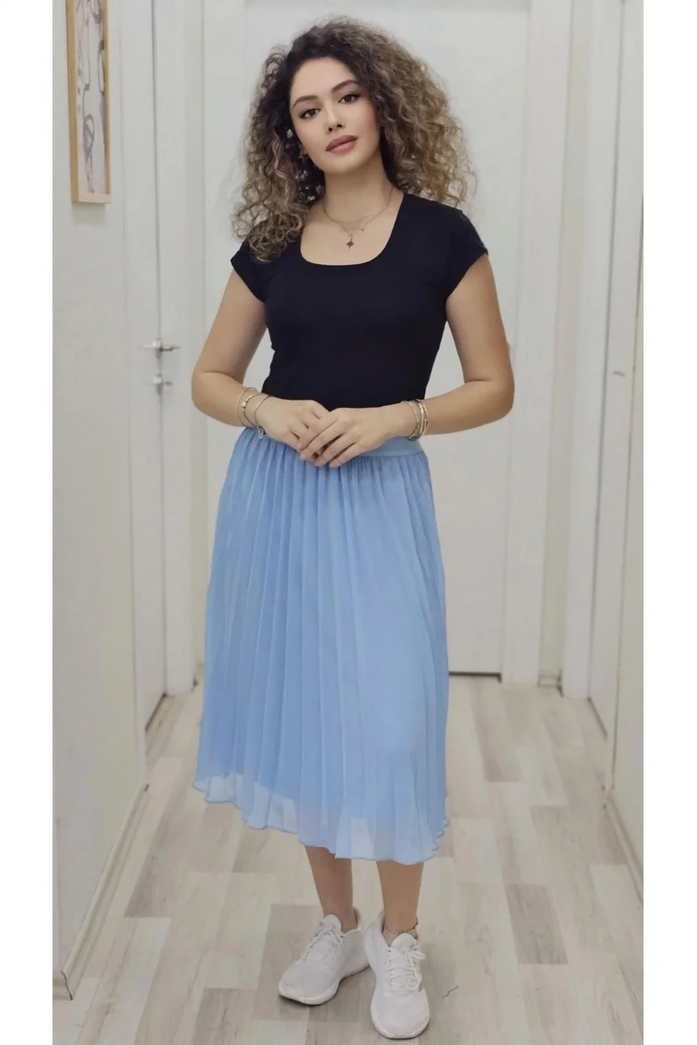 Beli Lastikli Pliseli Etek 6018-Bebe Mavisi