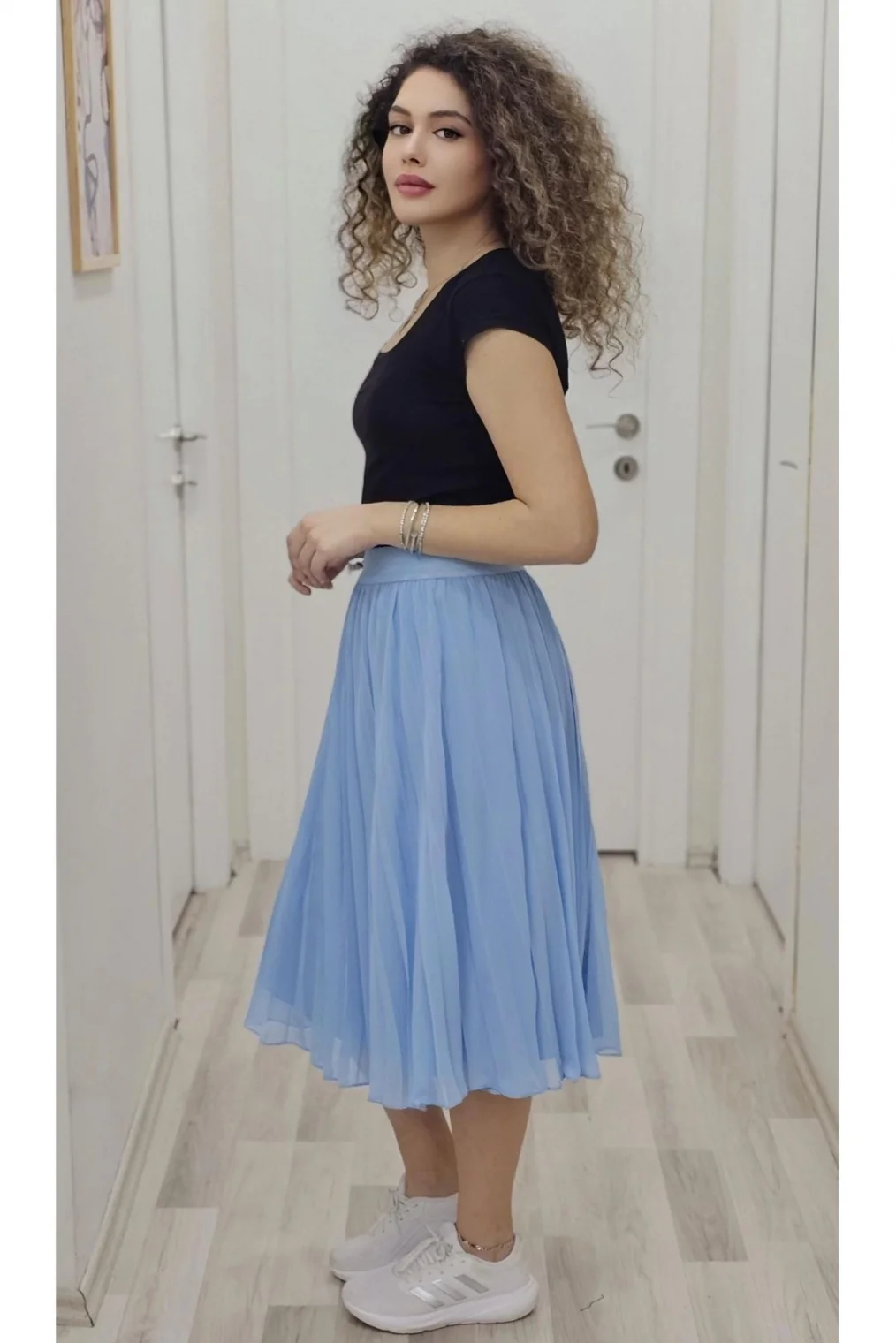 Beli Lastikli Pliseli Etek 6018-Bebe Mavisi