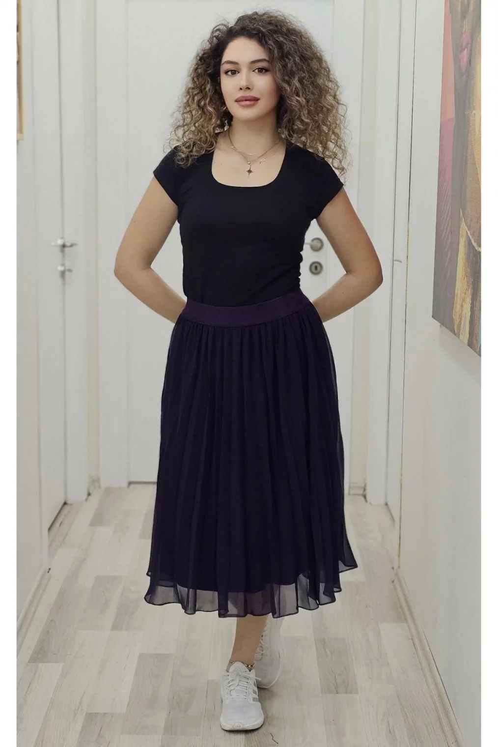 Beli Lastikli Pliseli Etek 6018-Mürdüm