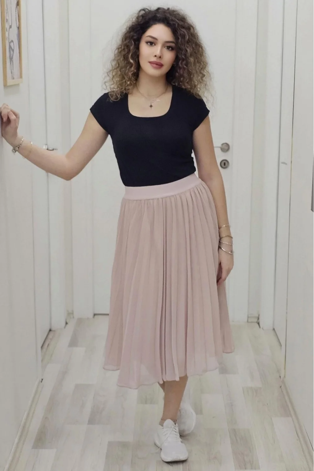 Beli Lastikli Pliseli Etek 6018-Pudra