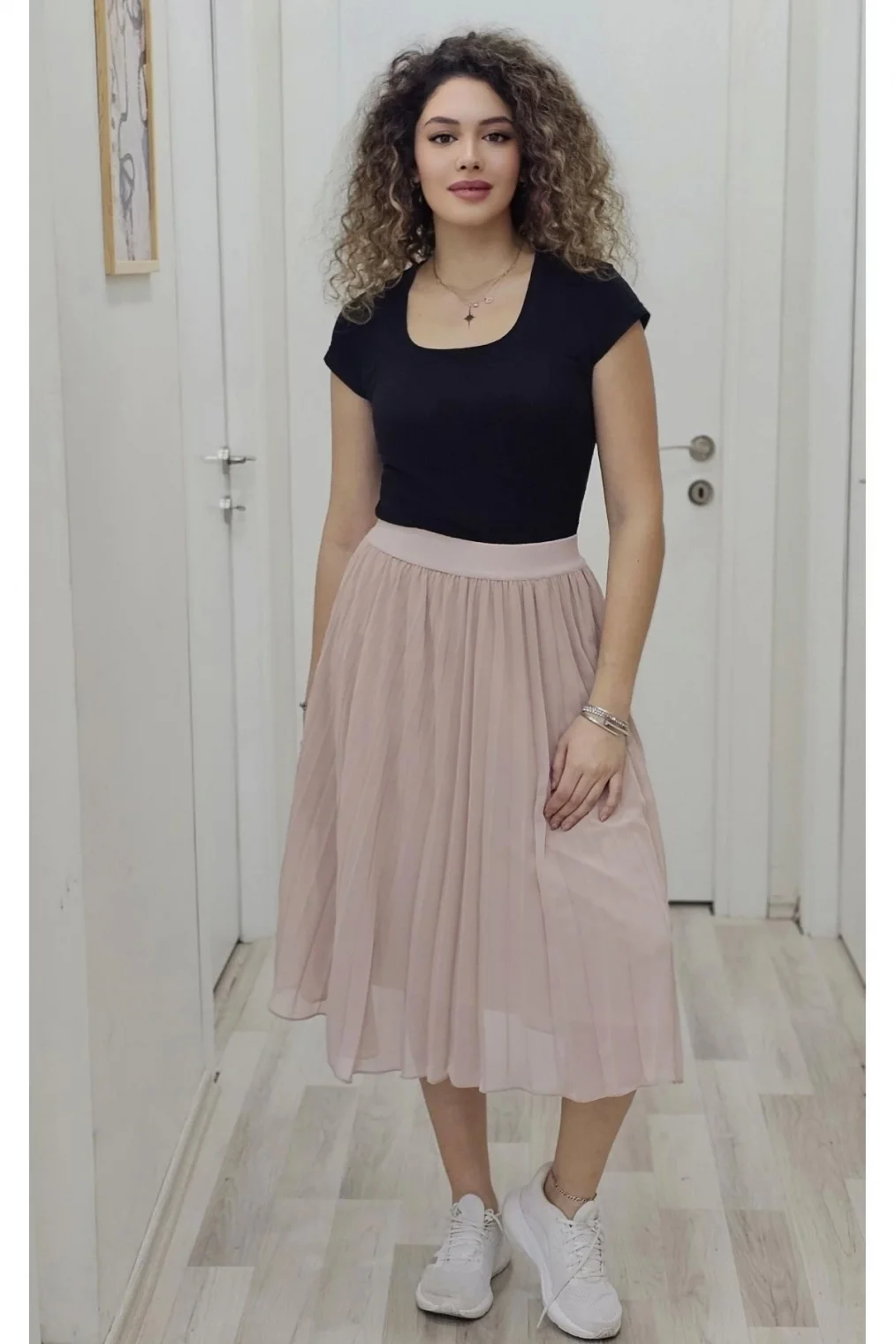 Beli Lastikli Pliseli Etek 6018-Pudra