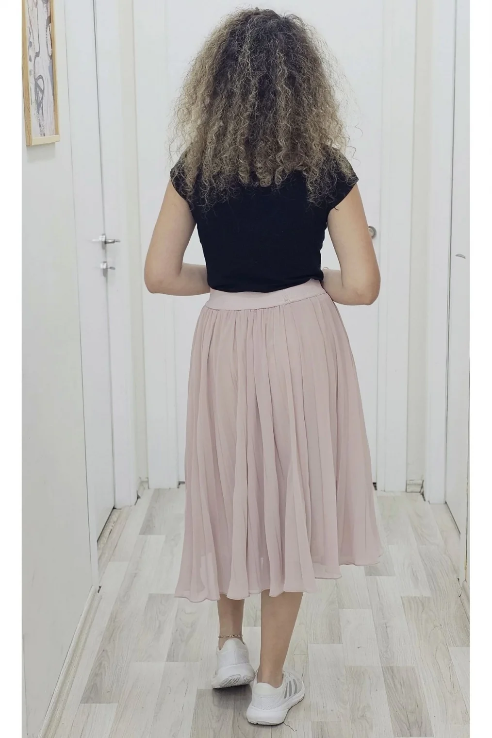 Beli Lastikli Pliseli Etek 6018-Pudra