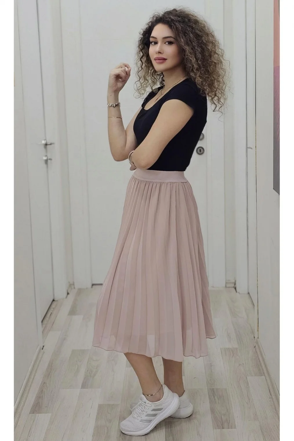 Beli Lastikli Pliseli Etek 6018-Pudra