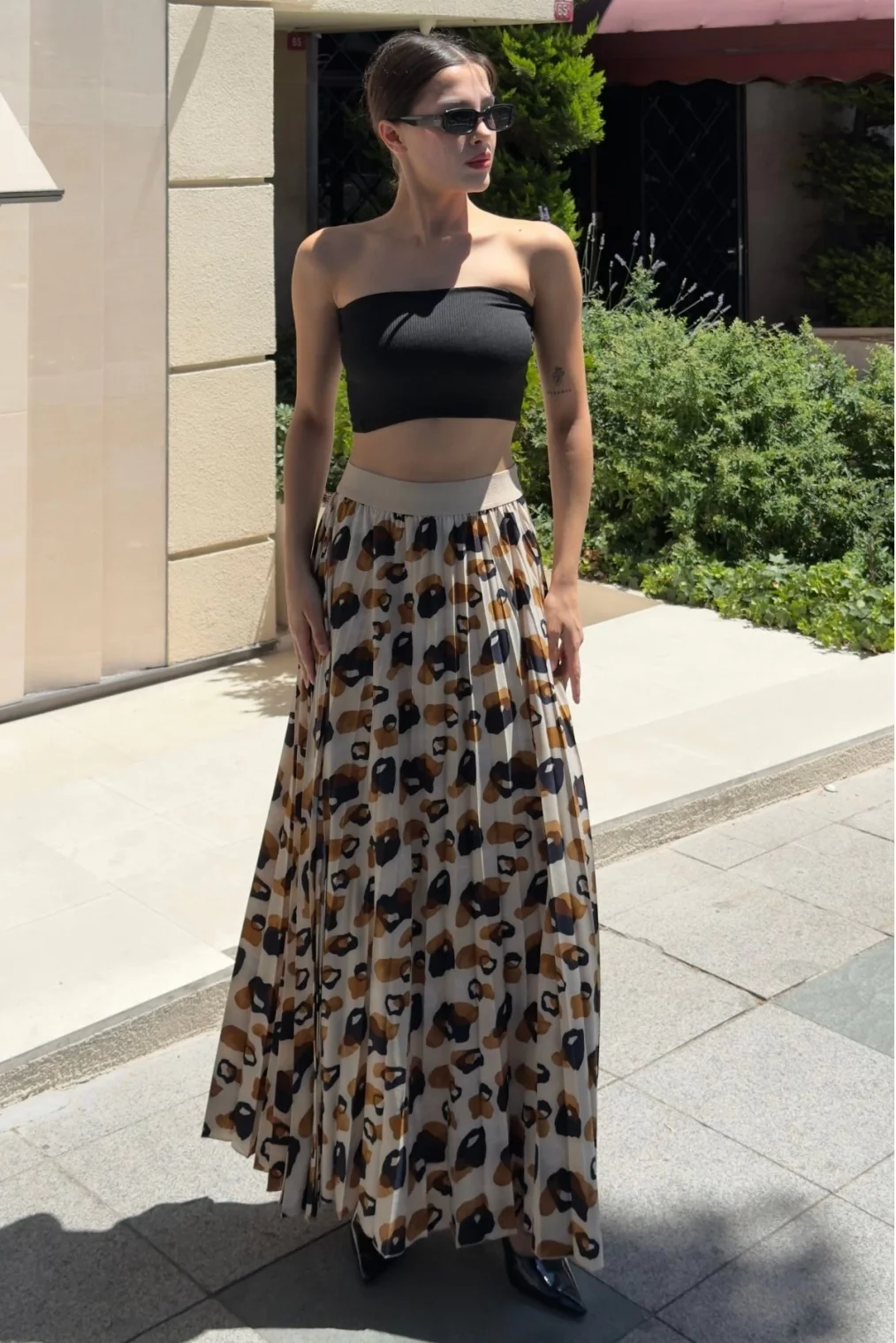 Beli Lastikli Pliseli Etek 6029 Bej/Kahverengi