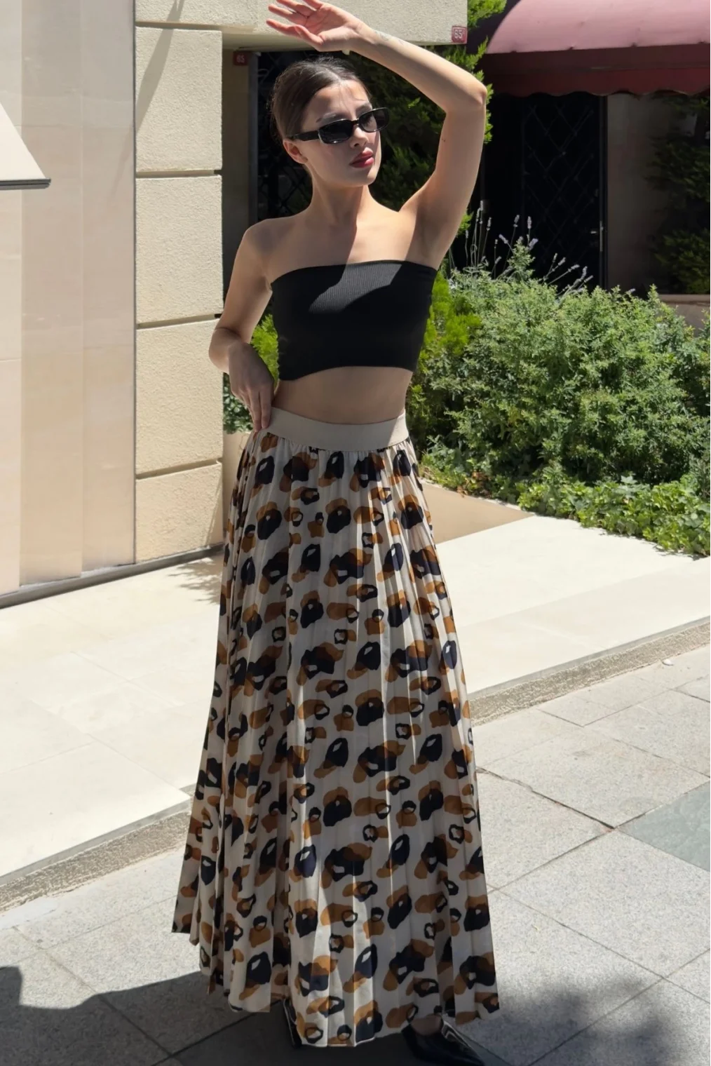 Beli Lastikli Pliseli Etek 6029 Bej/Kahverengi