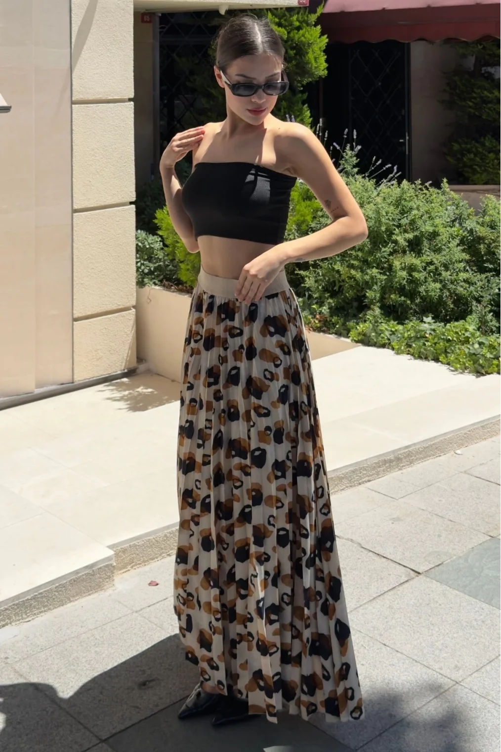 Beli Lastikli Pliseli Etek 6029 Bej/Kahverengi