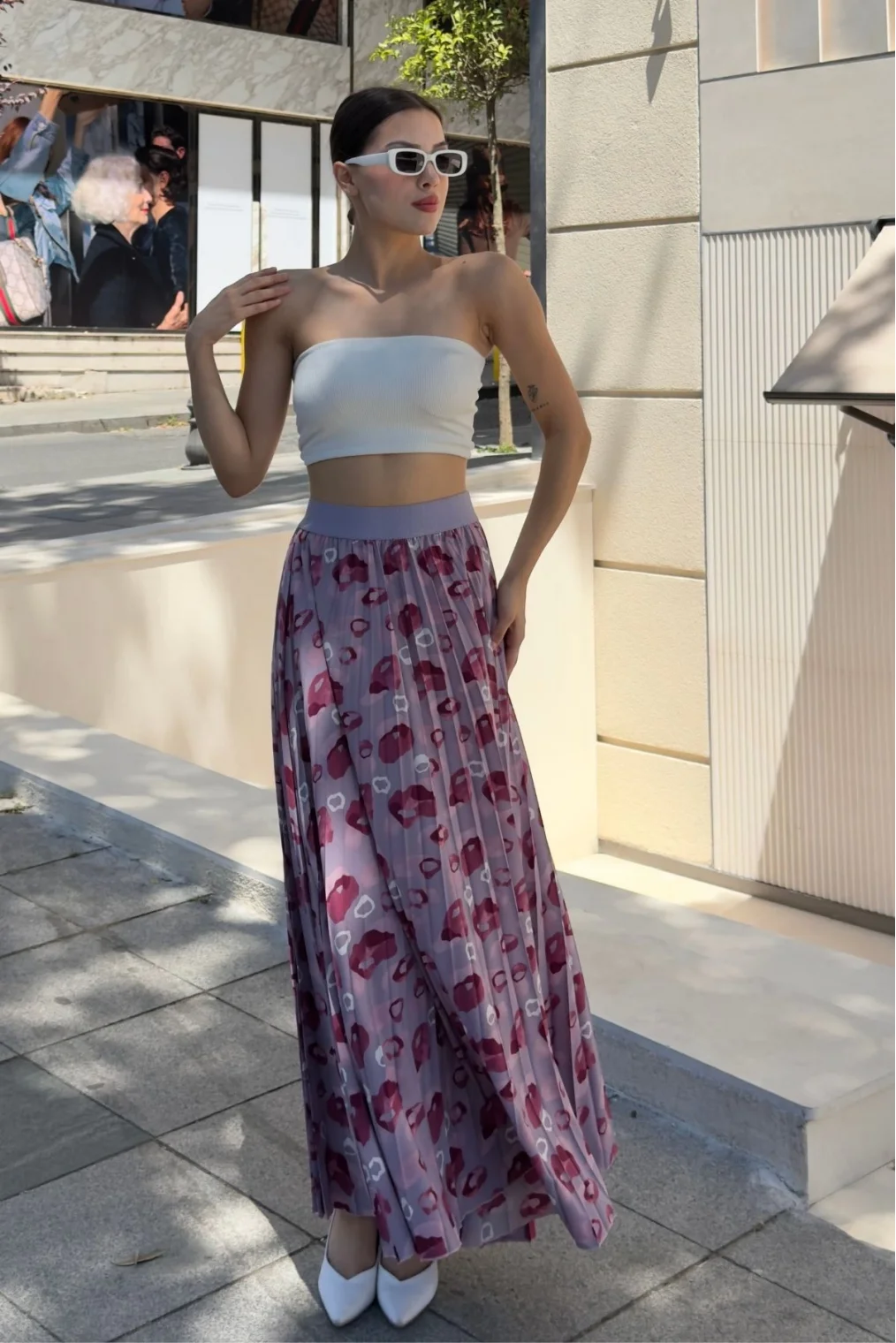 Beli Lastikli Pliseli Etek 6029 Lila/Bordo