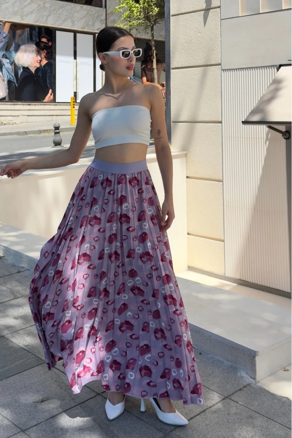 Beli Lastikli Pliseli Etek 6029 Lila/Bordo