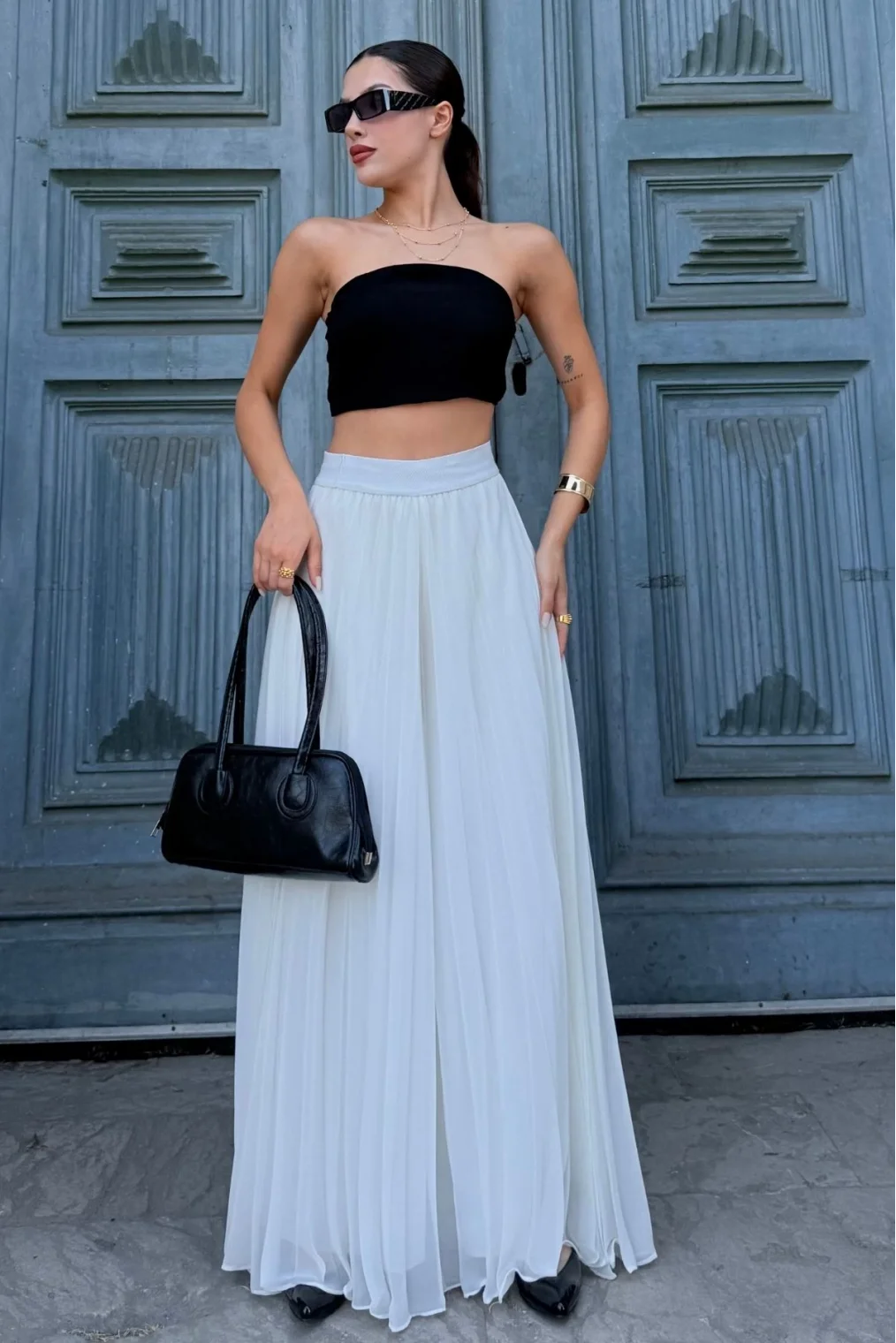 Beli Lastikli Pliseli Şifon Pantolon 6030-Beyaz