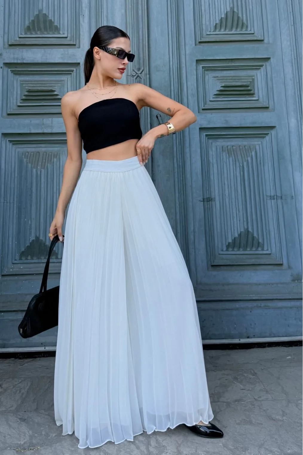 Beli Lastikli Pliseli Şifon Pantolon 6030-Beyaz