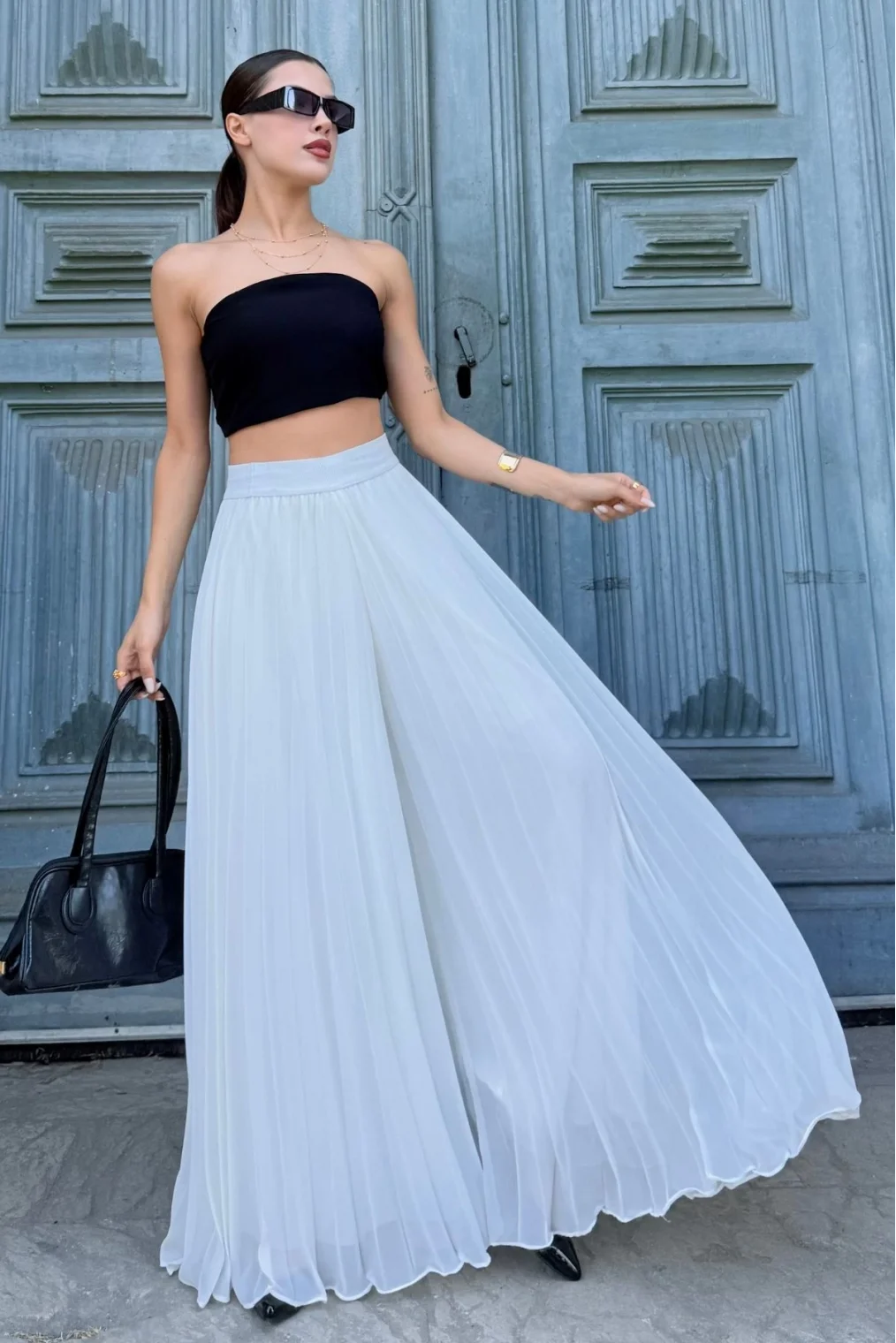 Beli Lastikli Pliseli Şifon Pantolon 6030-Beyaz