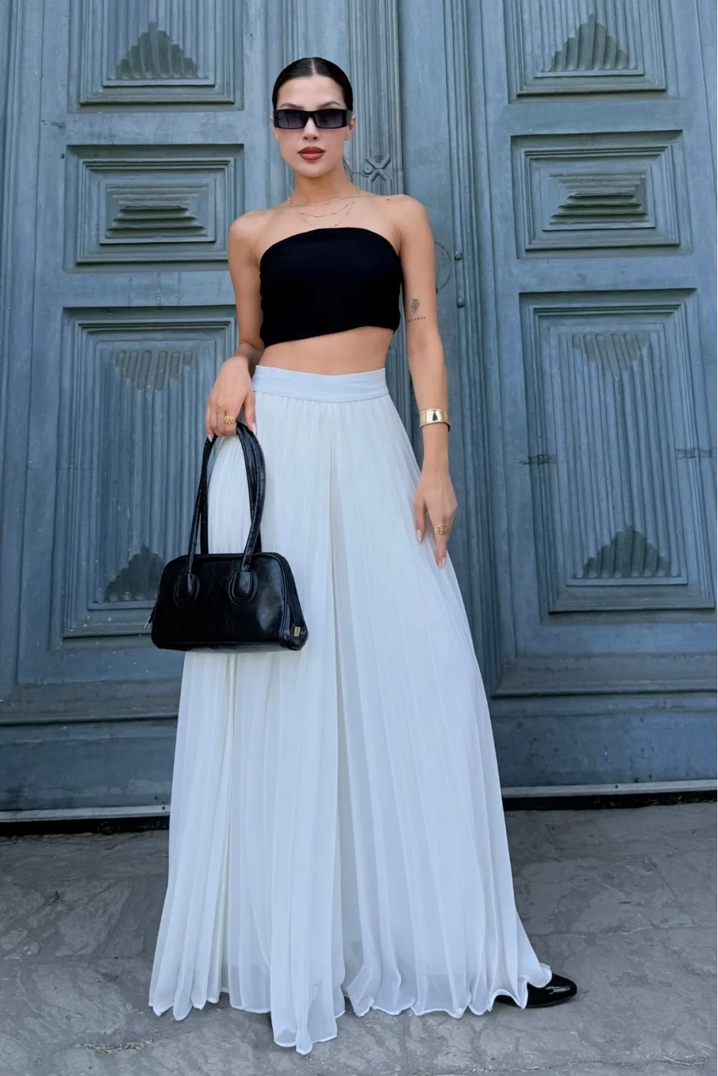 Beli Lastikli Pliseli Şifon Pantolon 6030-Beyaz