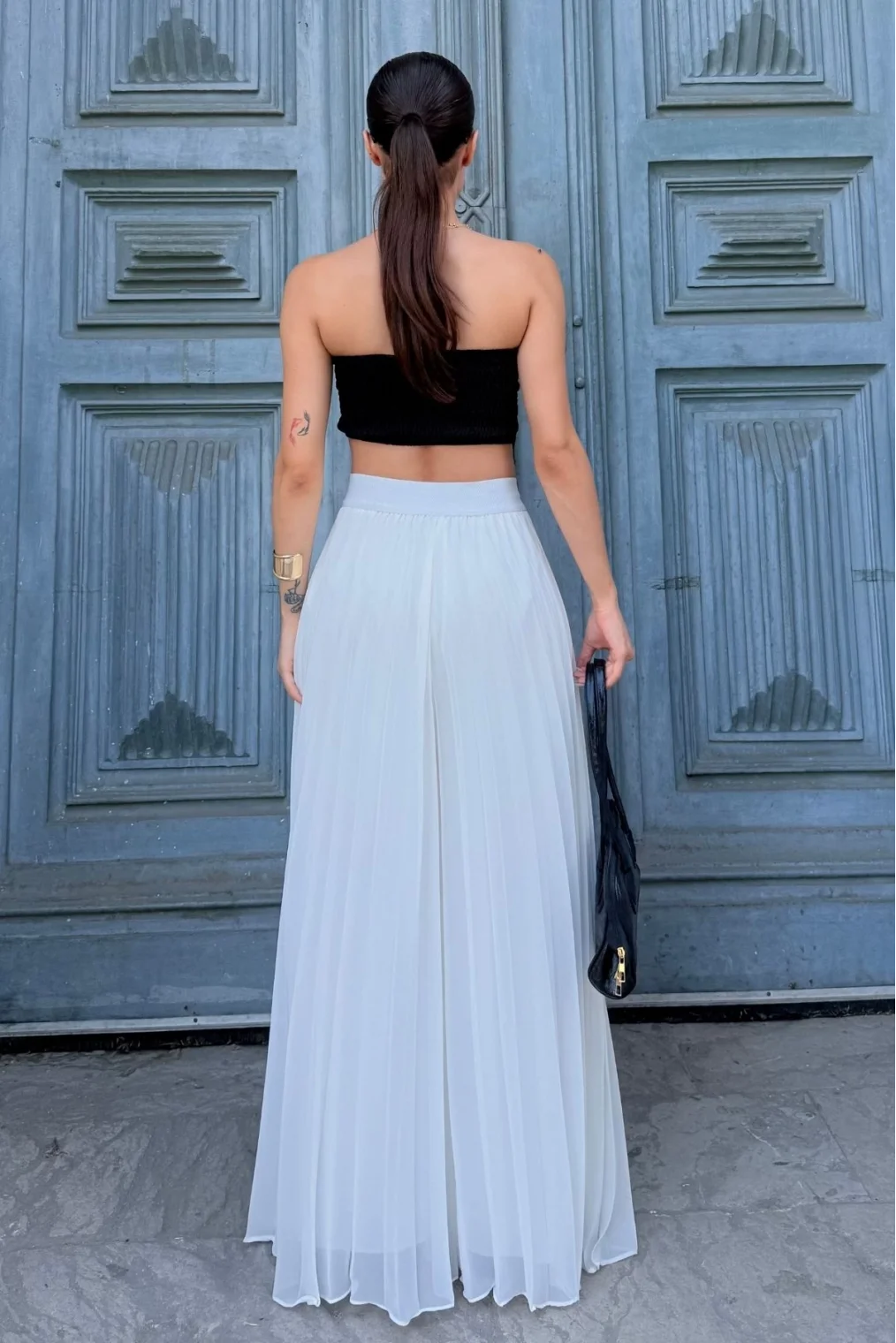 Beli Lastikli Pliseli Şifon Pantolon 6030-Beyaz