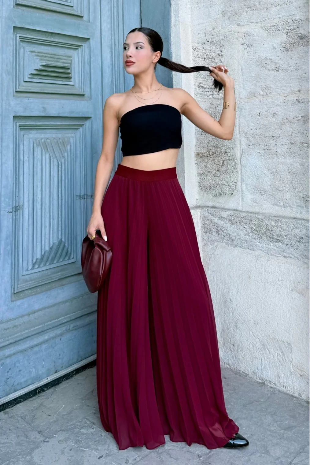 Beli Lastikli Pliseli Şifon Pantolon 6030-Bordo