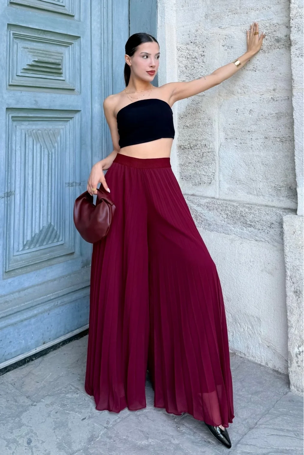 Beli Lastikli Pliseli Şifon Pantolon 6030-Bordo