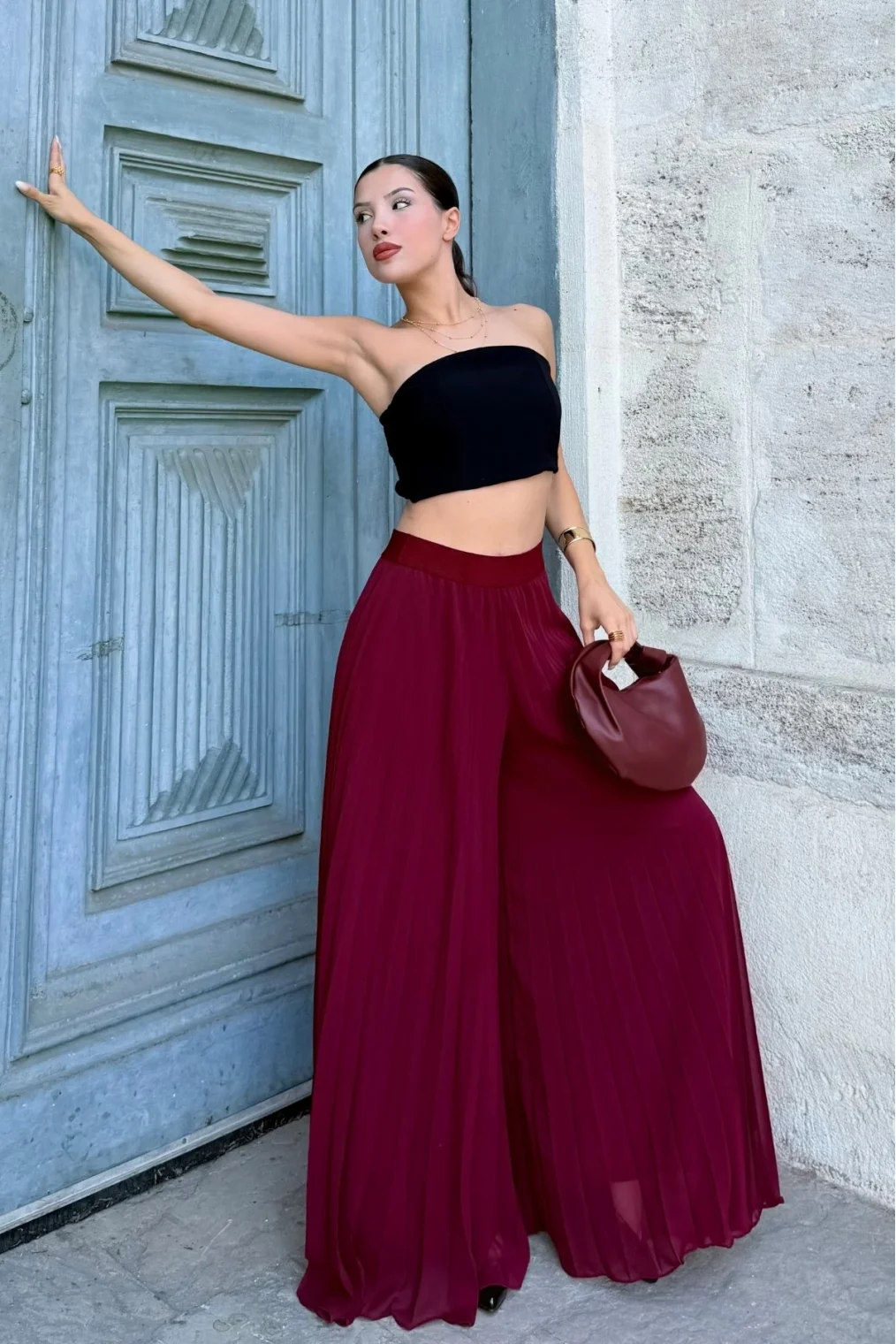 Beli Lastikli Pliseli Şifon Pantolon 6030-Bordo