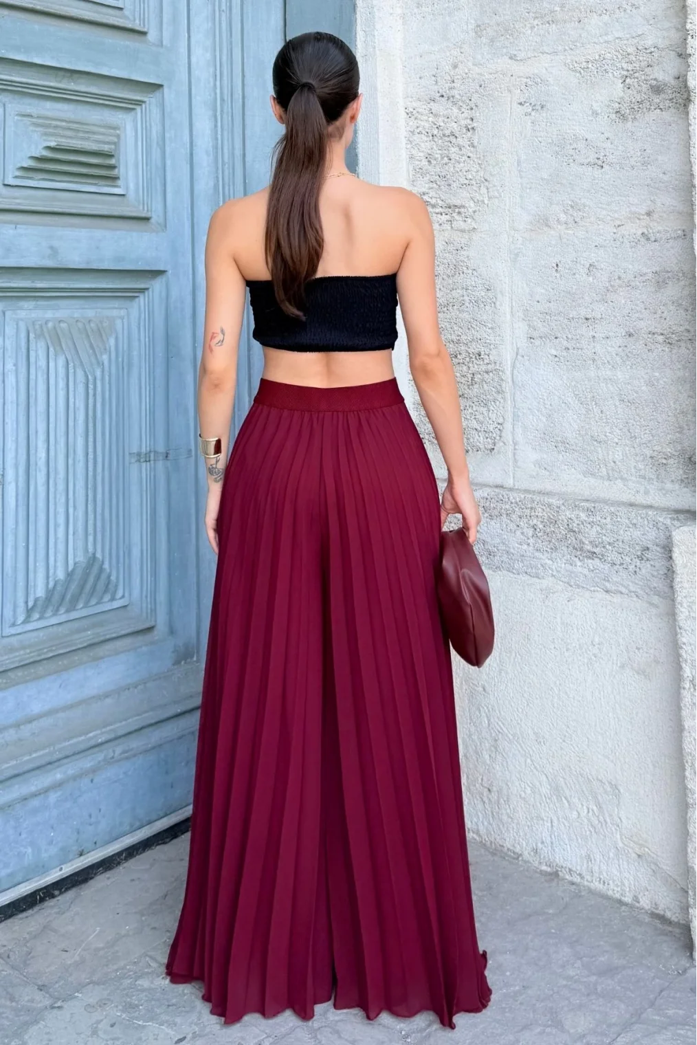 Beli Lastikli Pliseli Şifon Pantolon 6030-Bordo