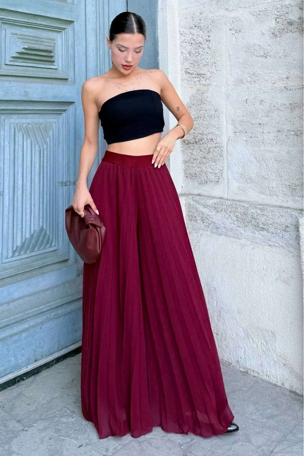 Beli Lastikli Pliseli Şifon Pantolon 6030-Bordo