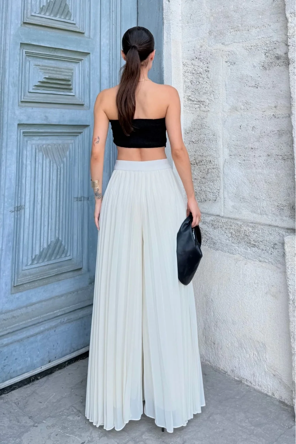 Beli Lastikli Pliseli Şifon Pantolon 6030-Ekru