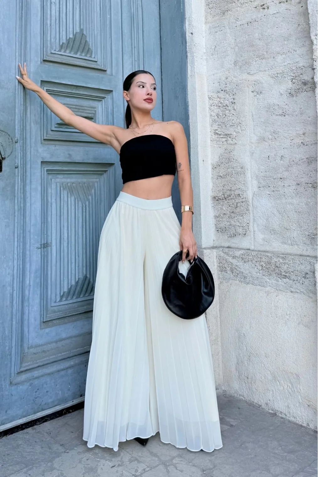 Beli Lastikli Pliseli Şifon Pantolon 6030-Ekru