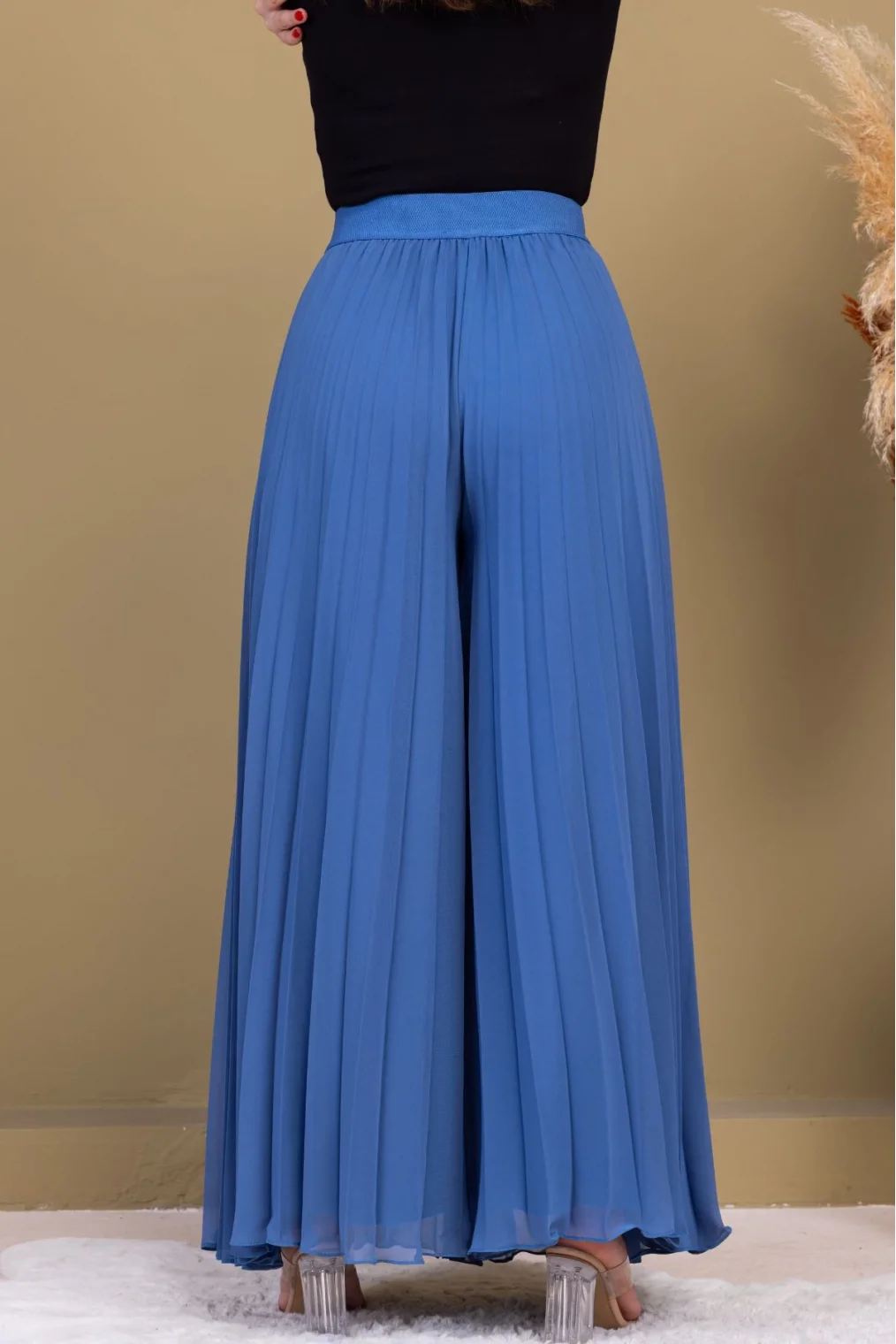 Beli Lastikli Pliseli Şifon Pantolon 6030-İndigo