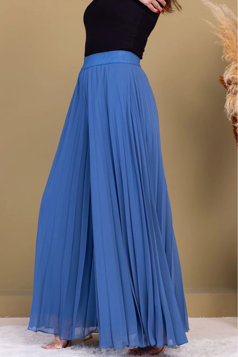 Beli Lastikli Pliseli Şifon Pantolon 6030-İndigo