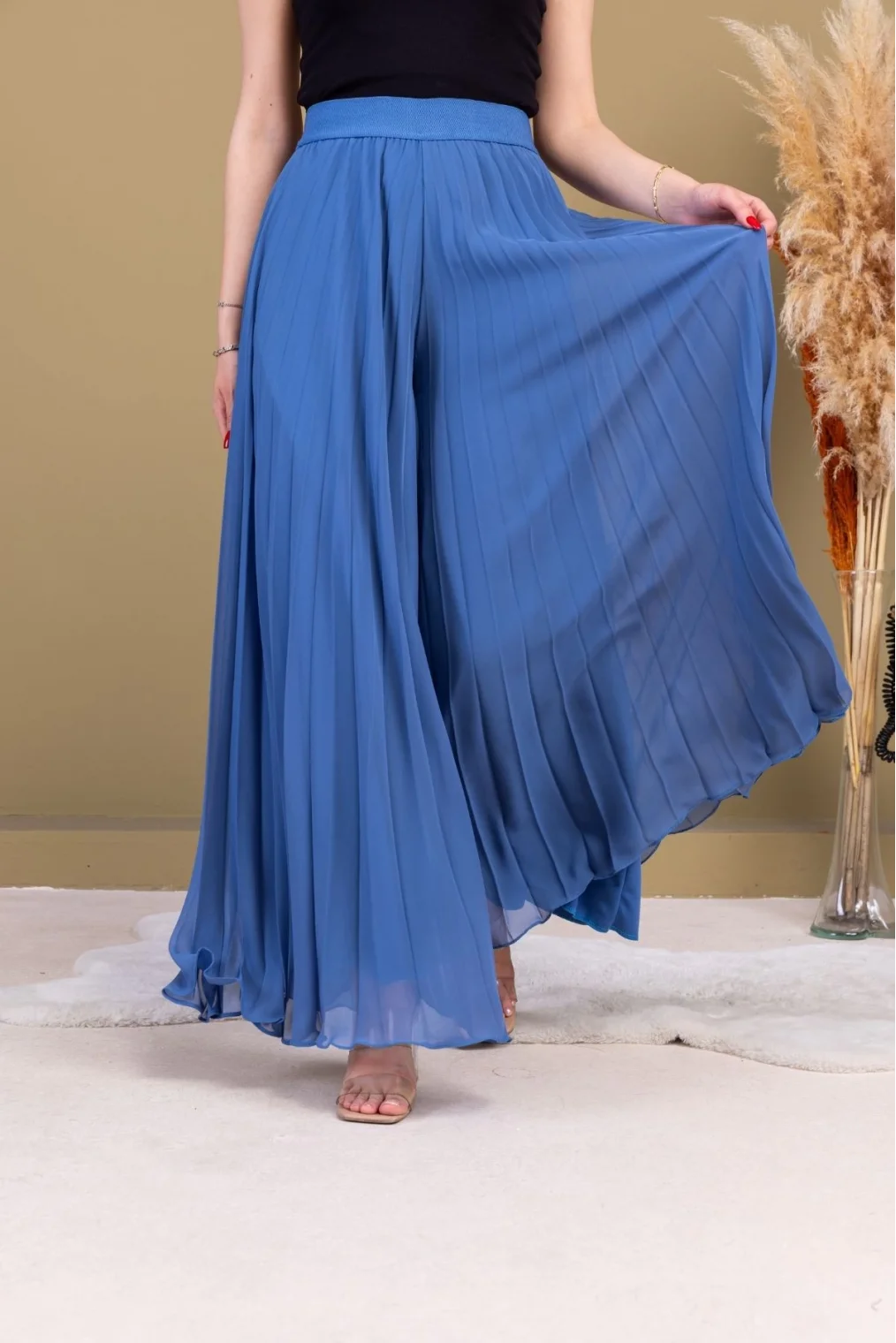 Beli Lastikli Pliseli Şifon Pantolon 6030-İndigo