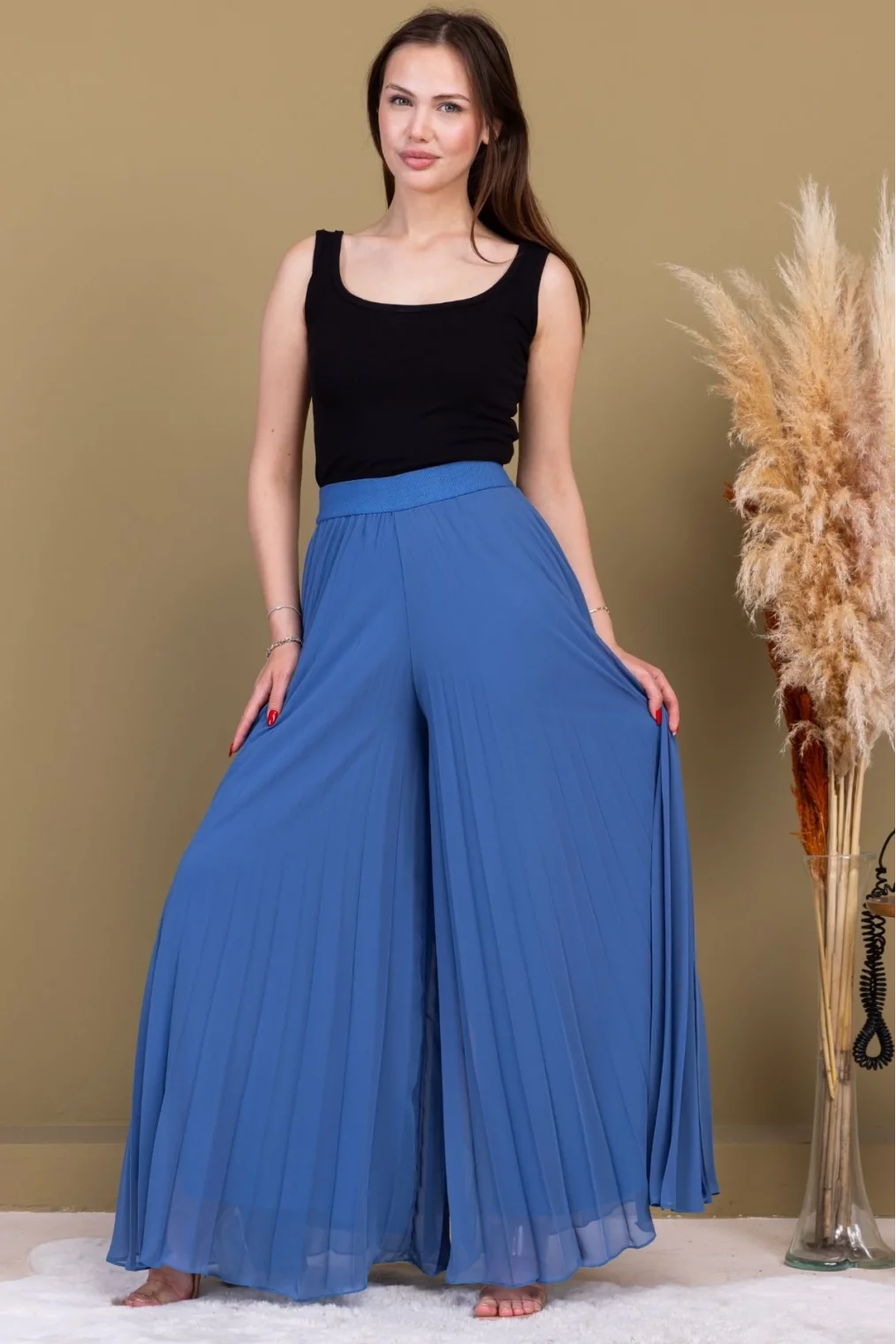 Beli Lastikli Pliseli Şifon Pantolon 6030-İndigo