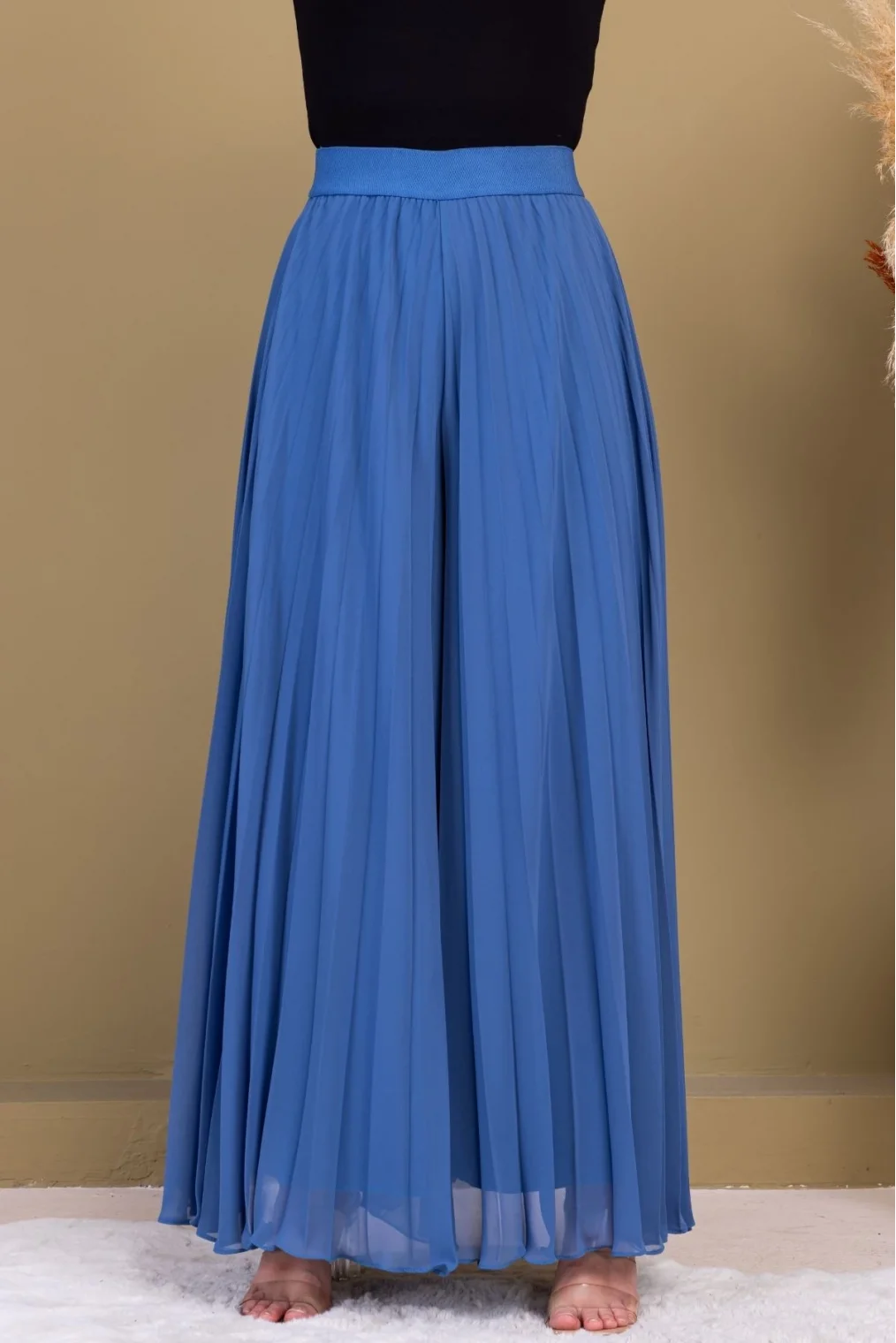 Beli Lastikli Pliseli Şifon Pantolon 6030-İndigo