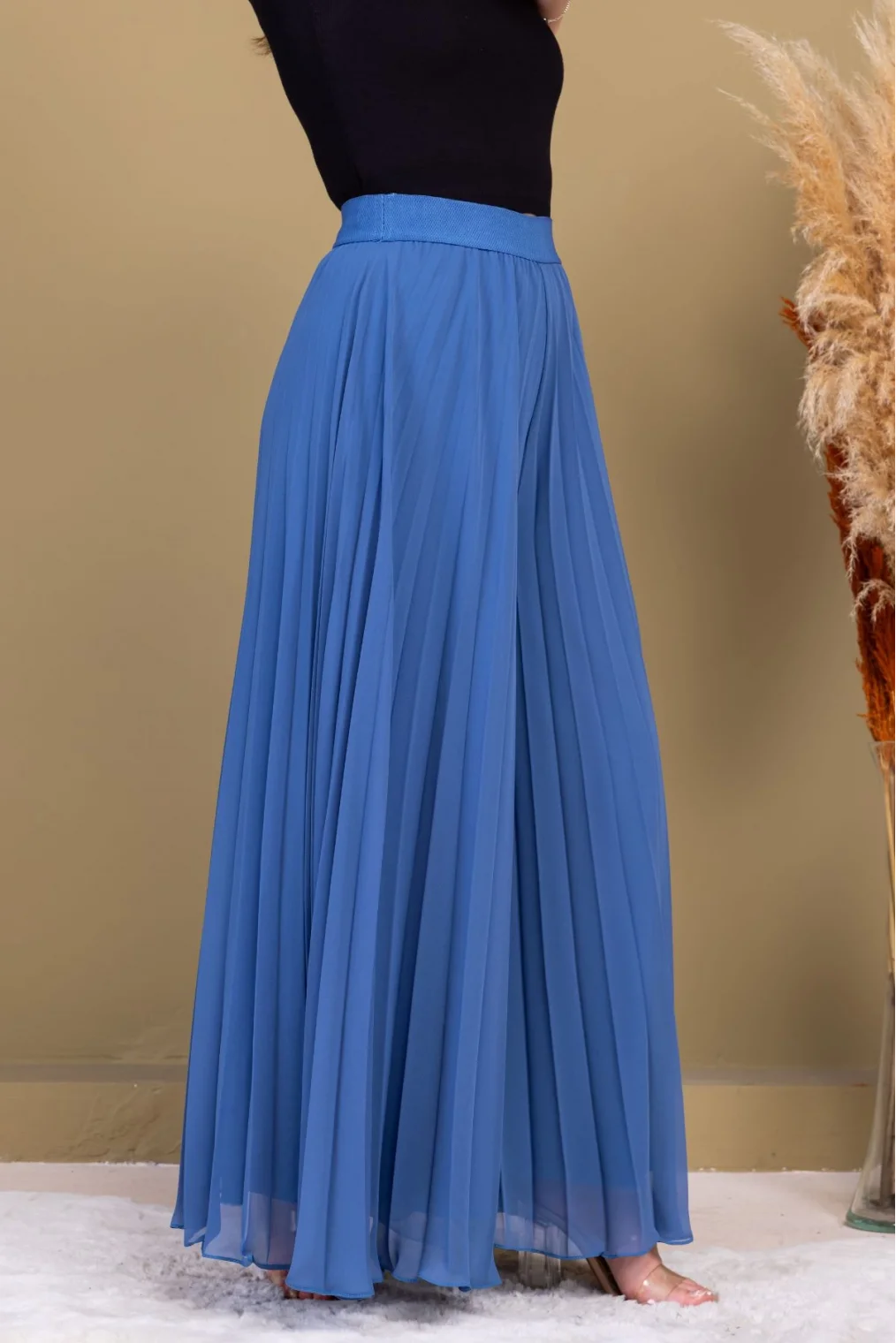 Beli Lastikli Pliseli Şifon Pantolon 6030-İndigo