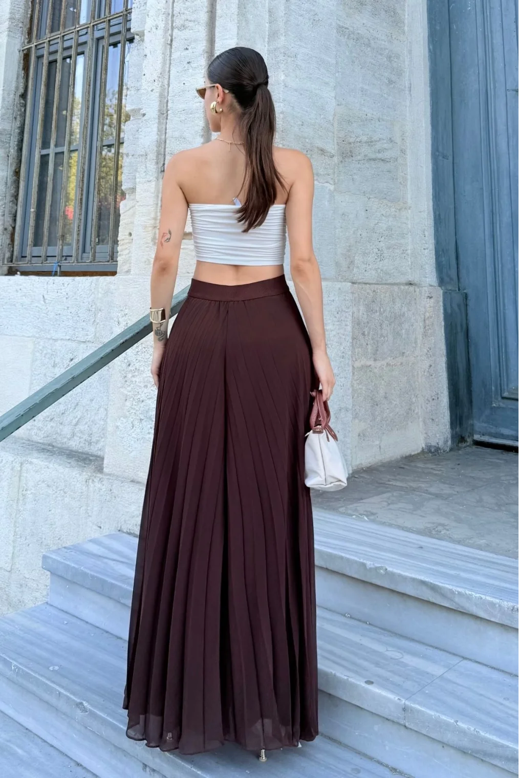 Beli Lastikli Pliseli Şifon Pantolon 6030-Kahverengi