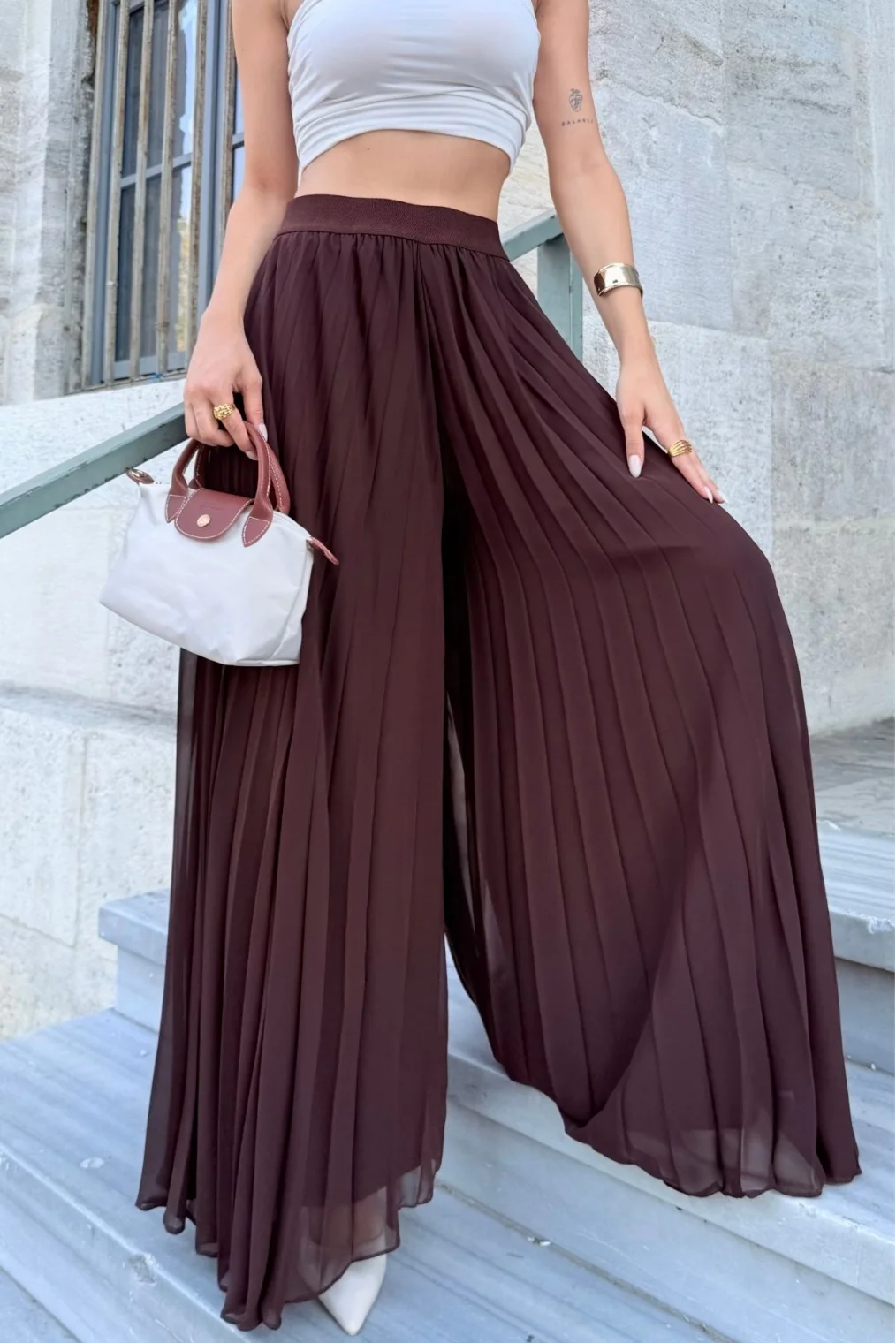 Beli Lastikli Pliseli Şifon Pantolon 6030-Kahverengi