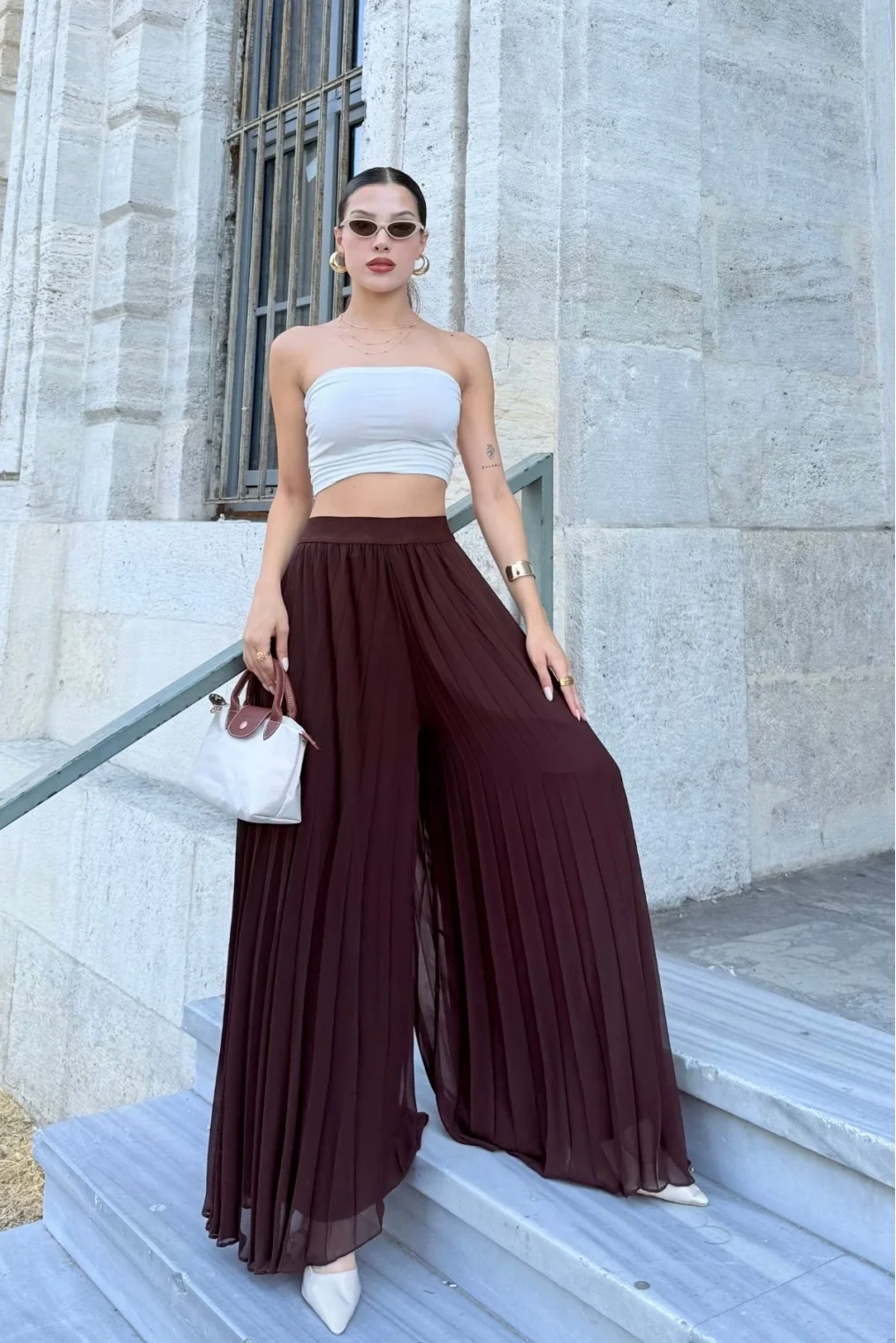 Beli Lastikli Pliseli Şifon Pantolon 6030-Kahverengi