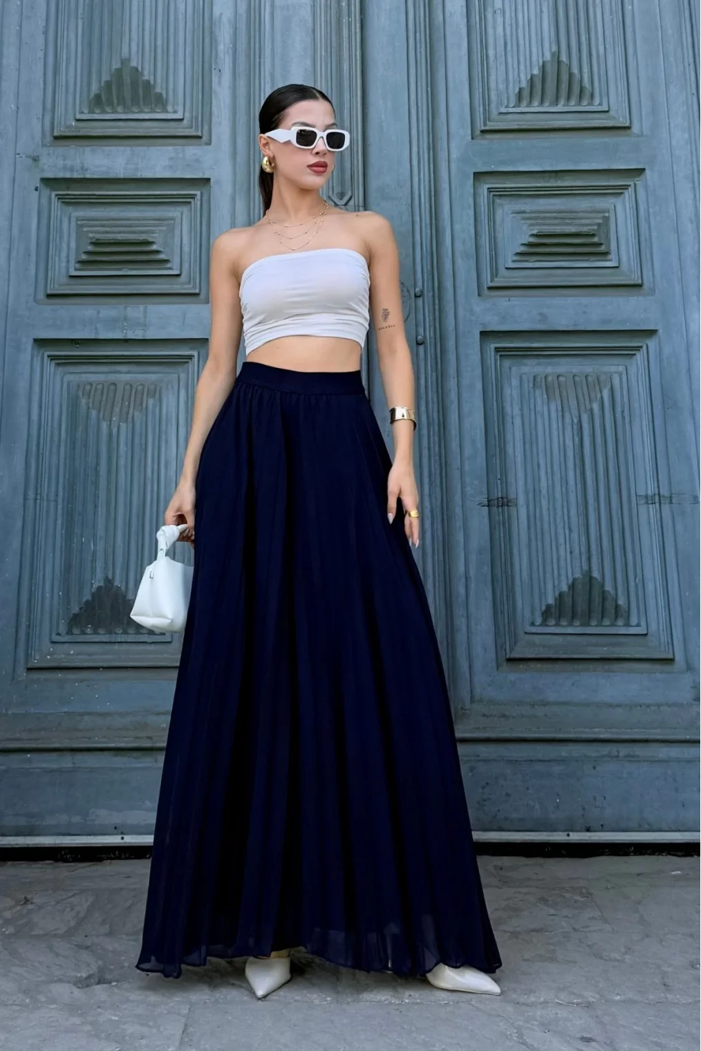 Beli Lastikli Pliseli Şifon Pantolon 6030-Lacivert