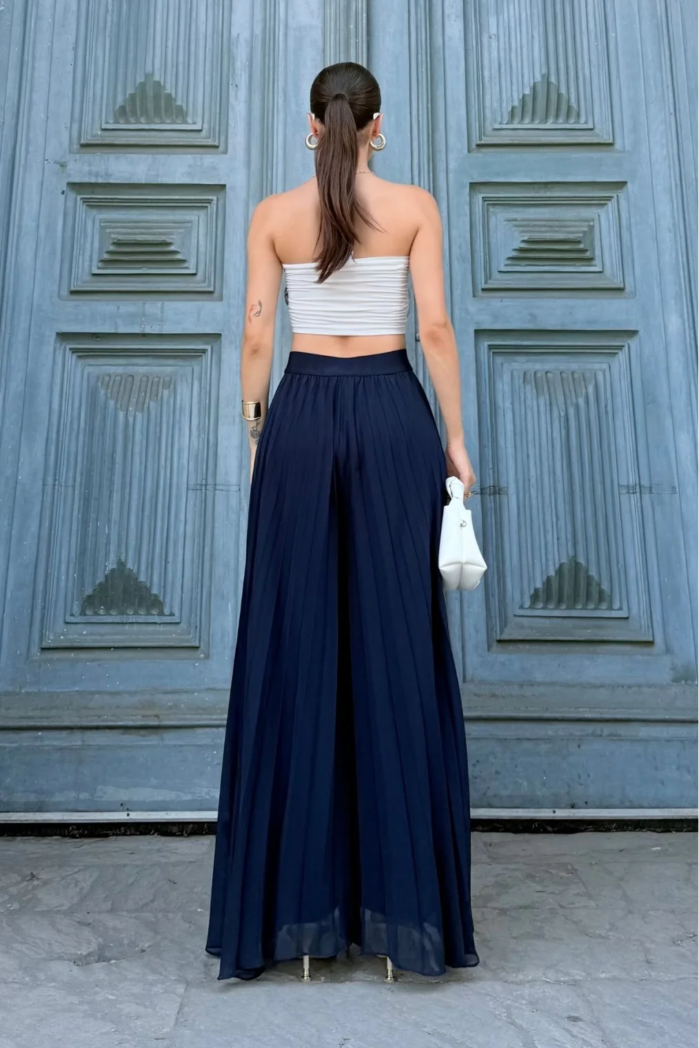 Beli Lastikli Pliseli Şifon Pantolon 6030-Lacivert