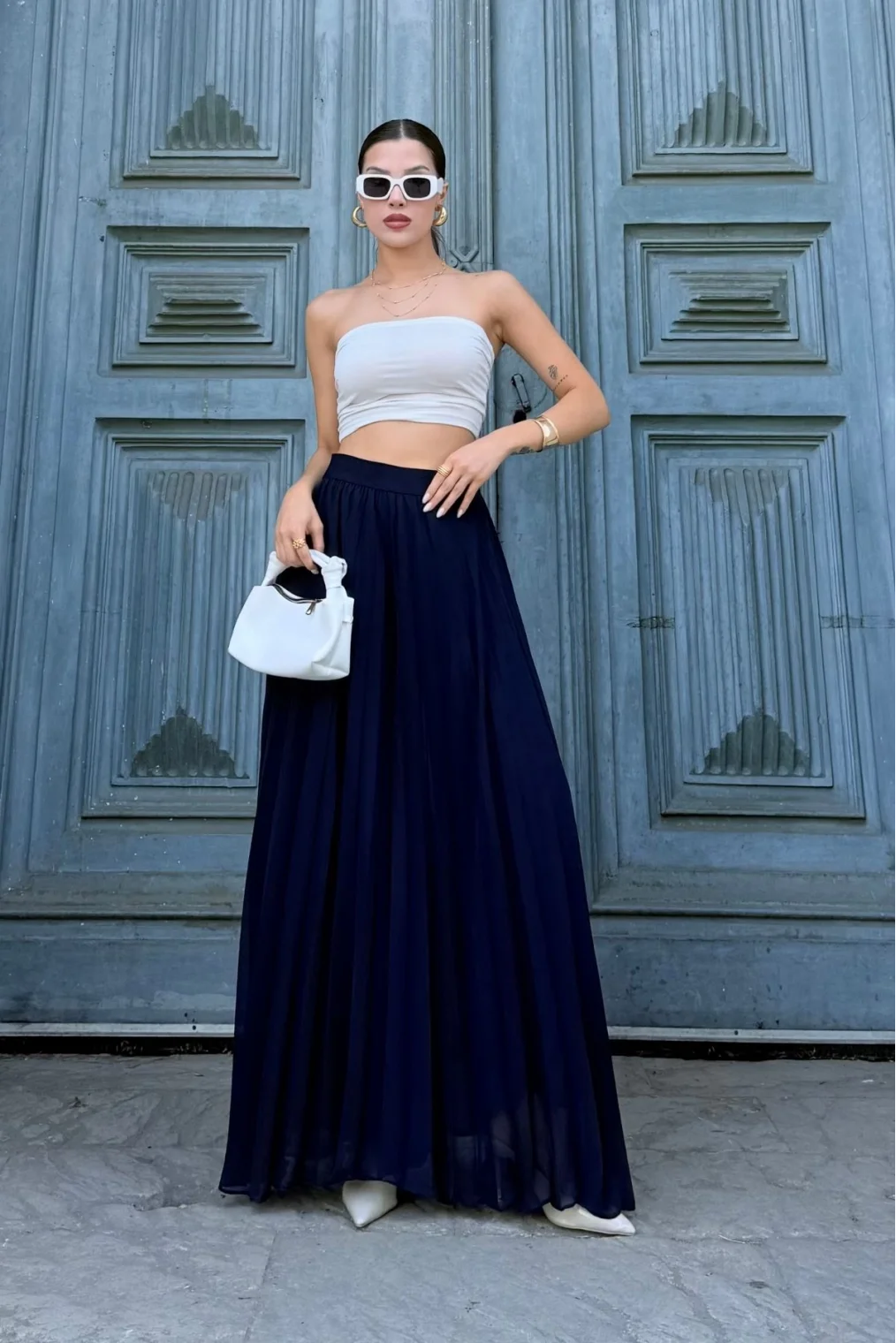 Beli Lastikli Pliseli Şifon Pantolon 6030-Lacivert