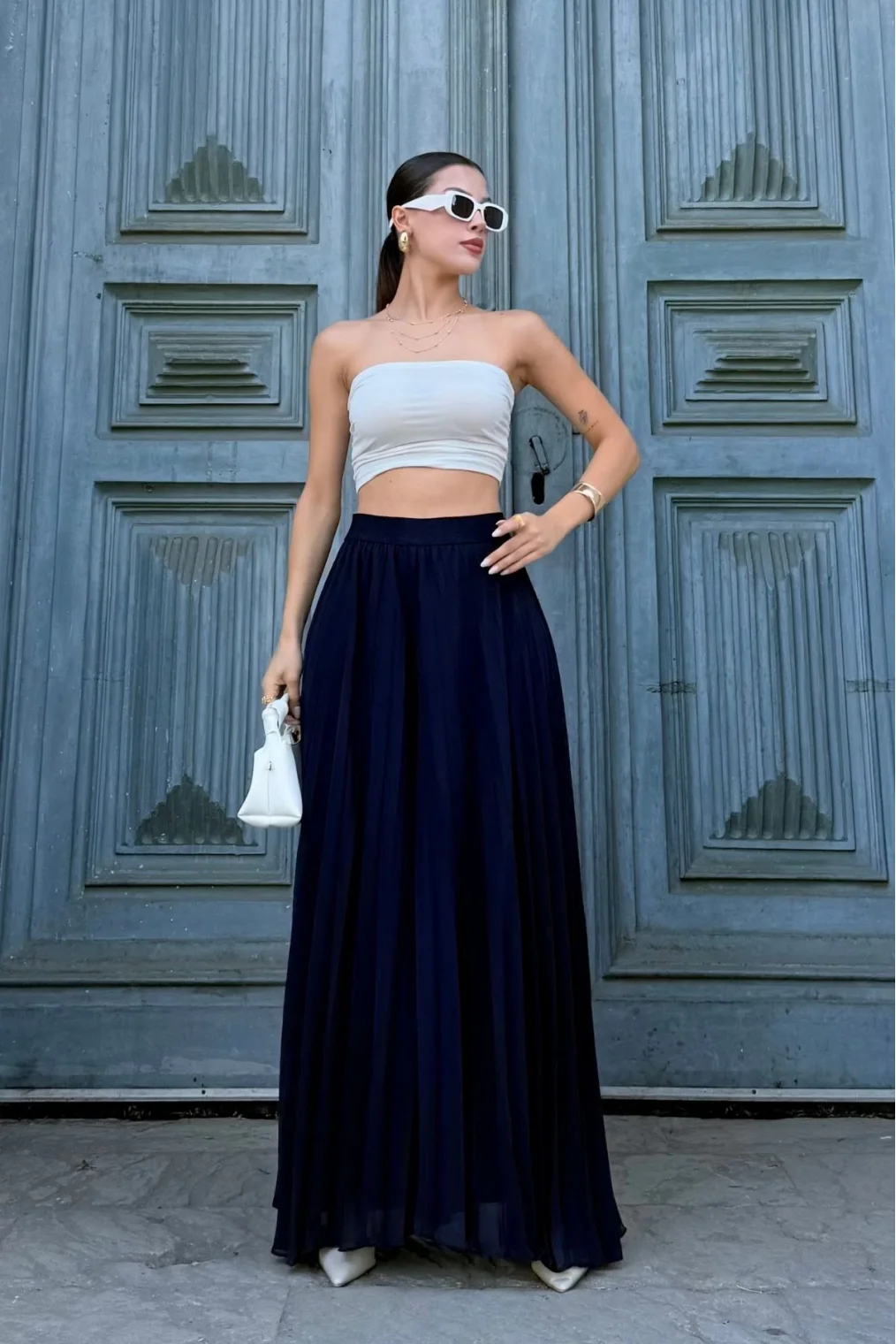 Beli Lastikli Pliseli Şifon Pantolon 6030-Lacivert